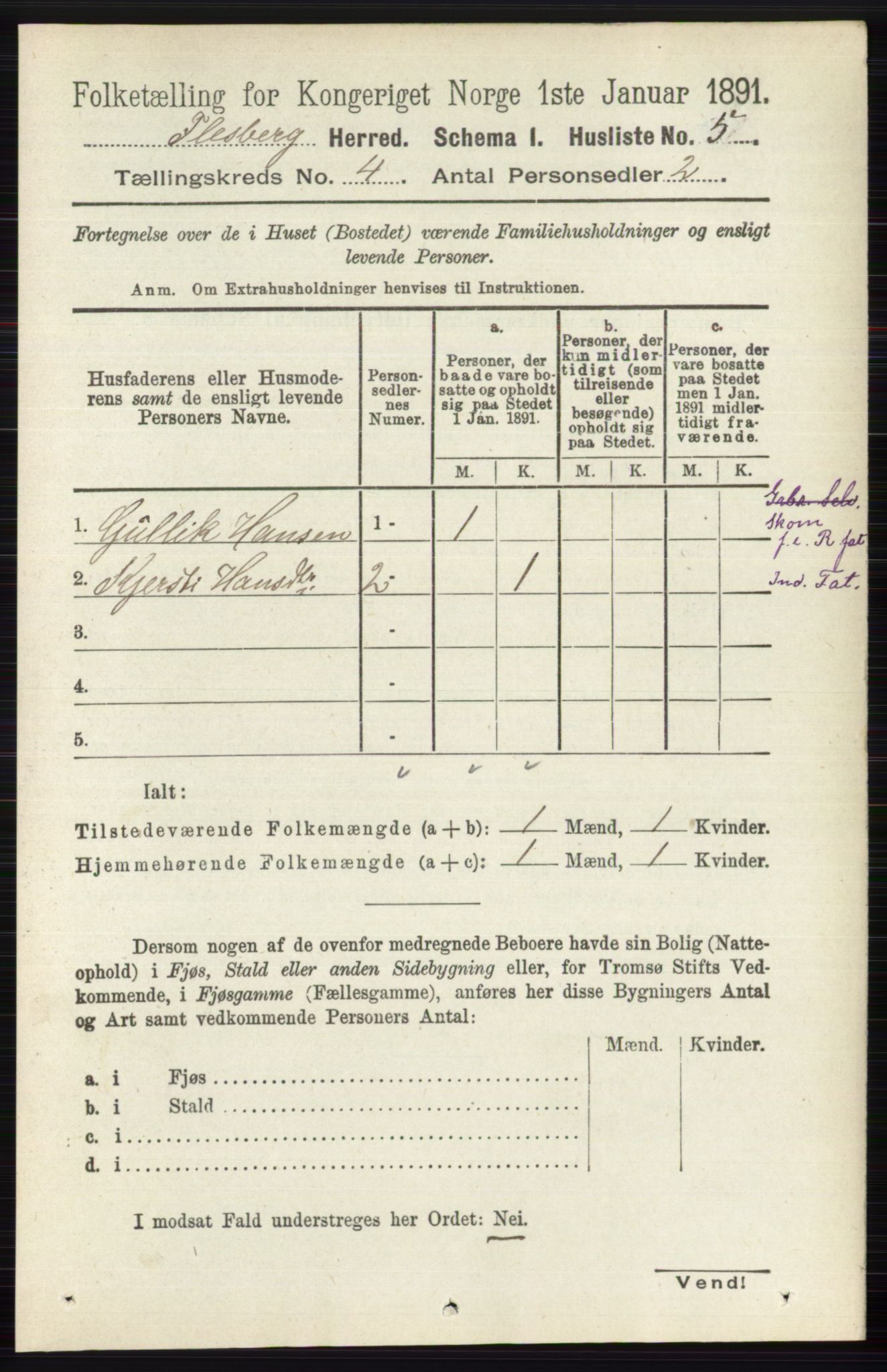 RA, 1891 census for 0631 Flesberg, 1891, p. 491