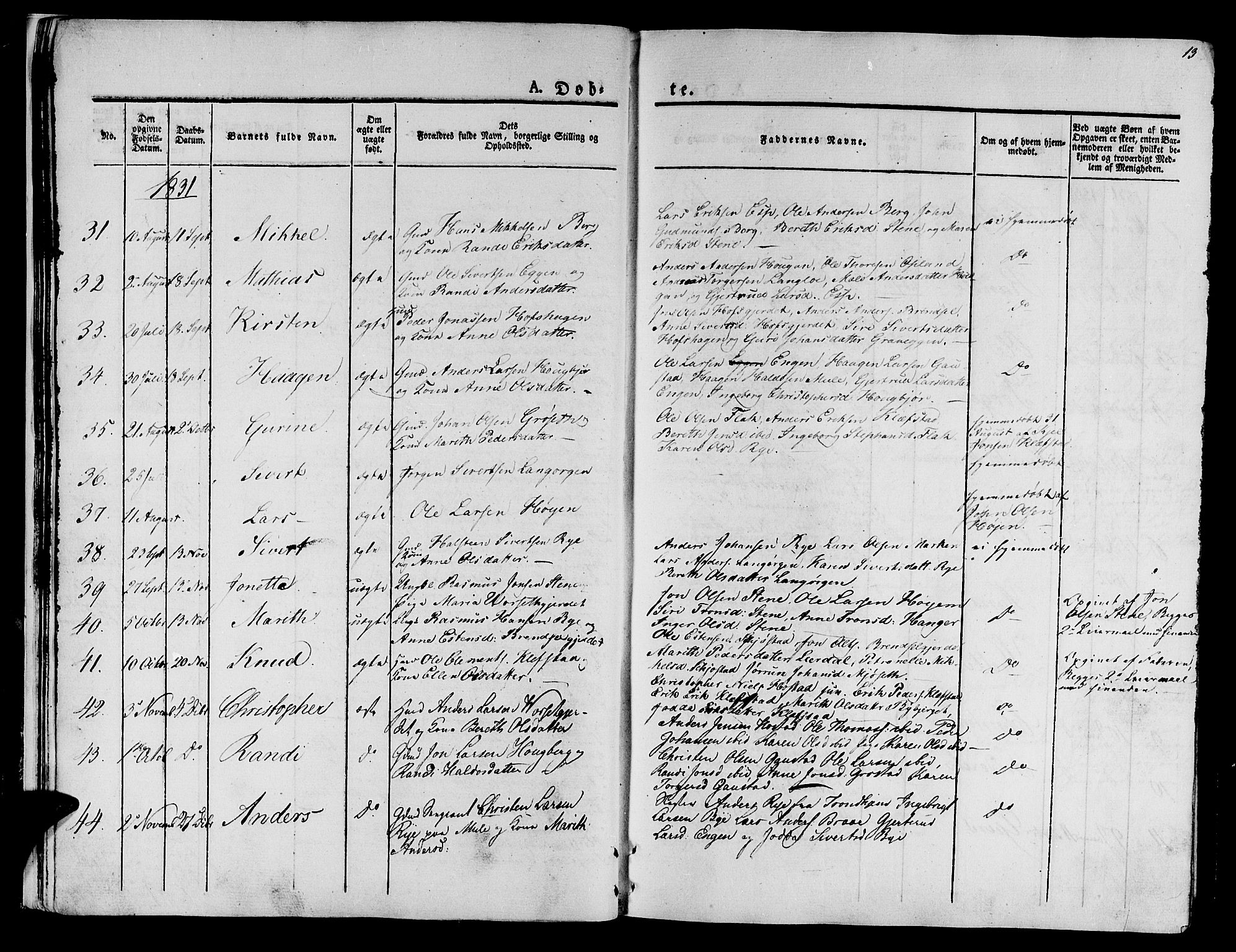 Ministerialprotokoller, klokkerbøker og fødselsregistre - Sør-Trøndelag, SAT/A-1456/612/L0374: Parish register (official) no. 612A07 /1, 1829-1845, p. 13