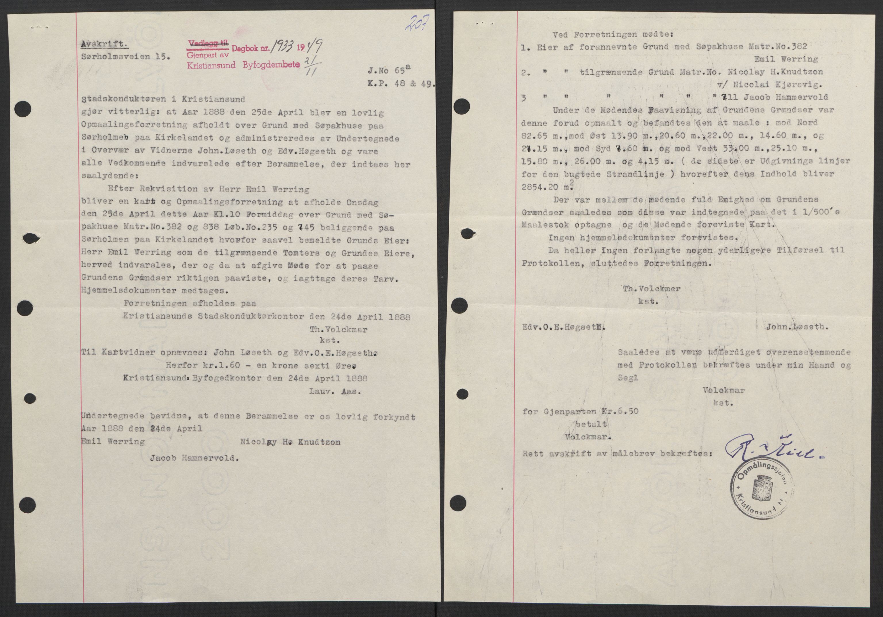 Kristiansund byfogd, AV/SAT-A-4587/A/27: Mortgage book no. 42, 1947-1950, Diary no: : 1933/1949