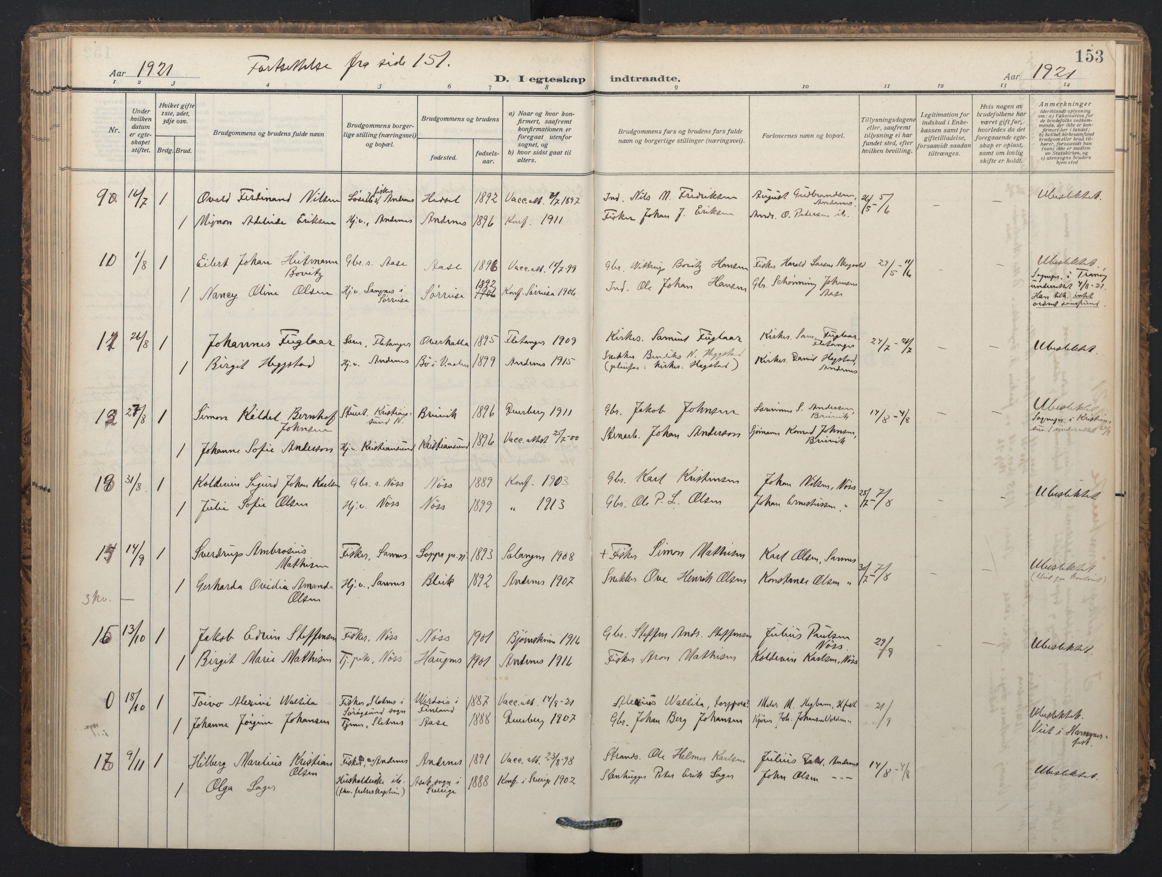 Ministerialprotokoller, klokkerbøker og fødselsregistre - Nordland, SAT/A-1459/897/L1401: Parish register (official) no. 897A08, 1909-1921, p. 153
