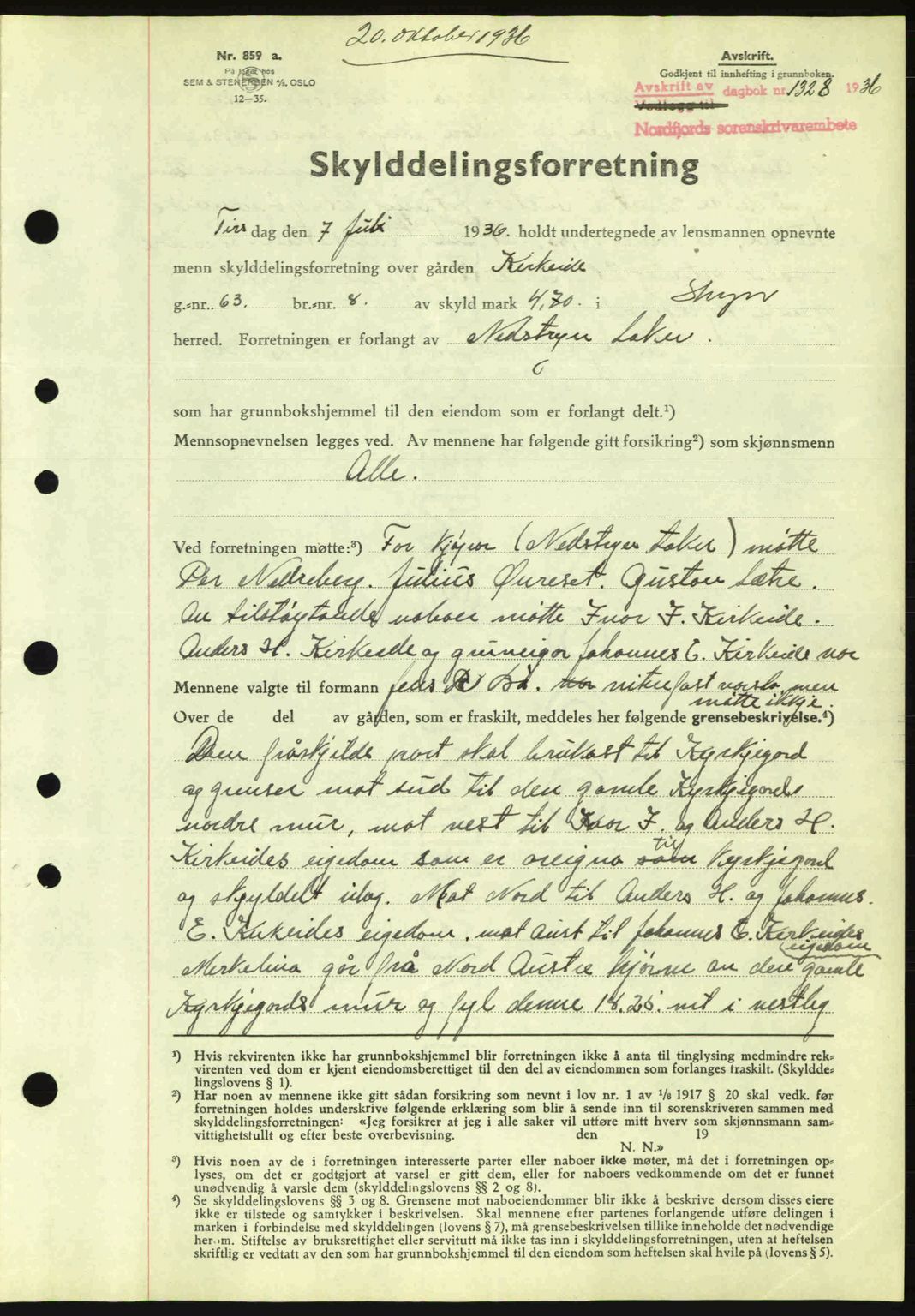 Nordfjord sorenskriveri, AV/SAB-A-2801/02/02b/02bj/L0001: Mortgage book no. A1, 1936-1937, Diary no: : 1328/1936