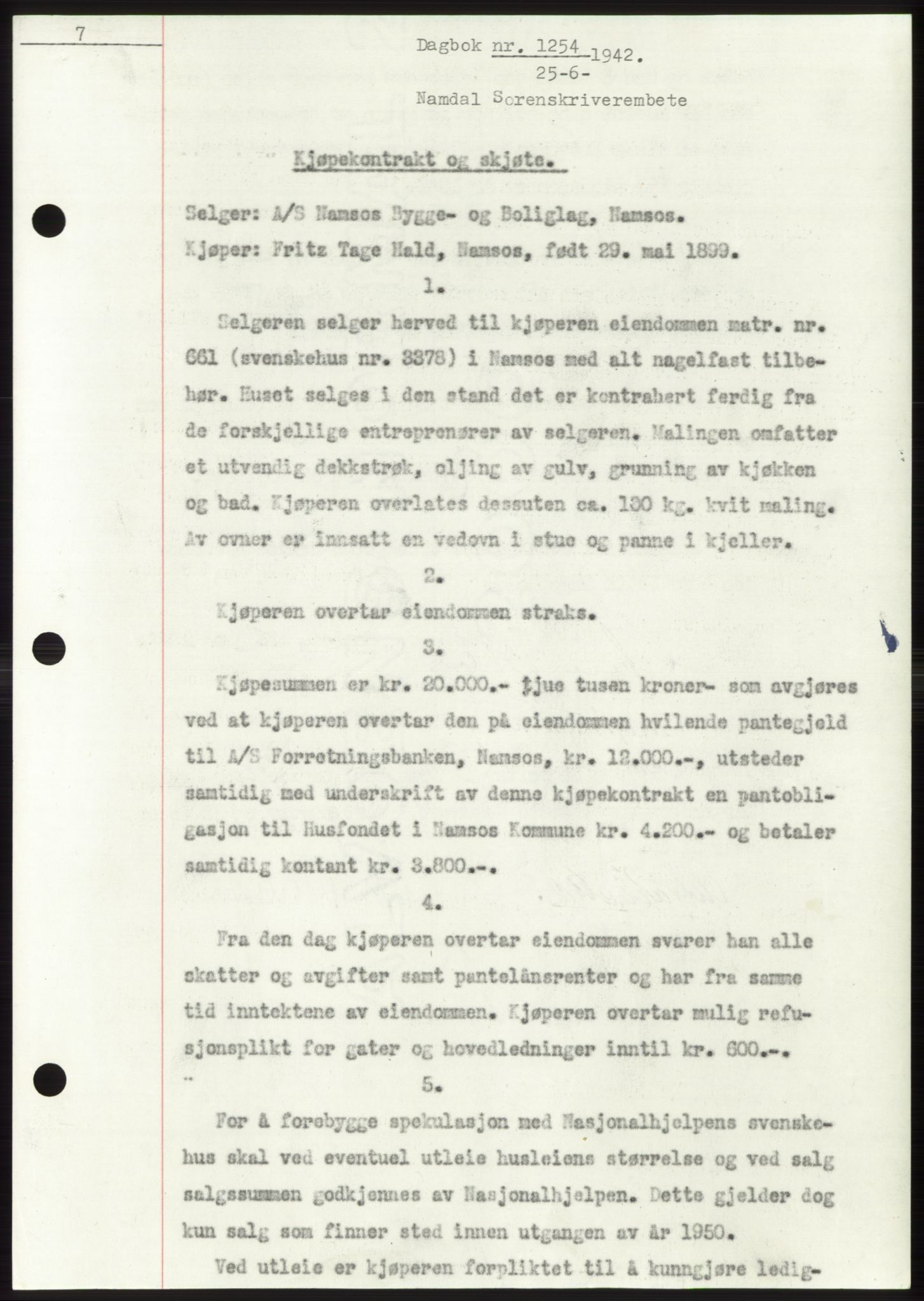 Namdal sorenskriveri, SAT/A-4133/1/2/2C: Mortgage book no. -, 1941-1942, Diary no: : 1254/1942