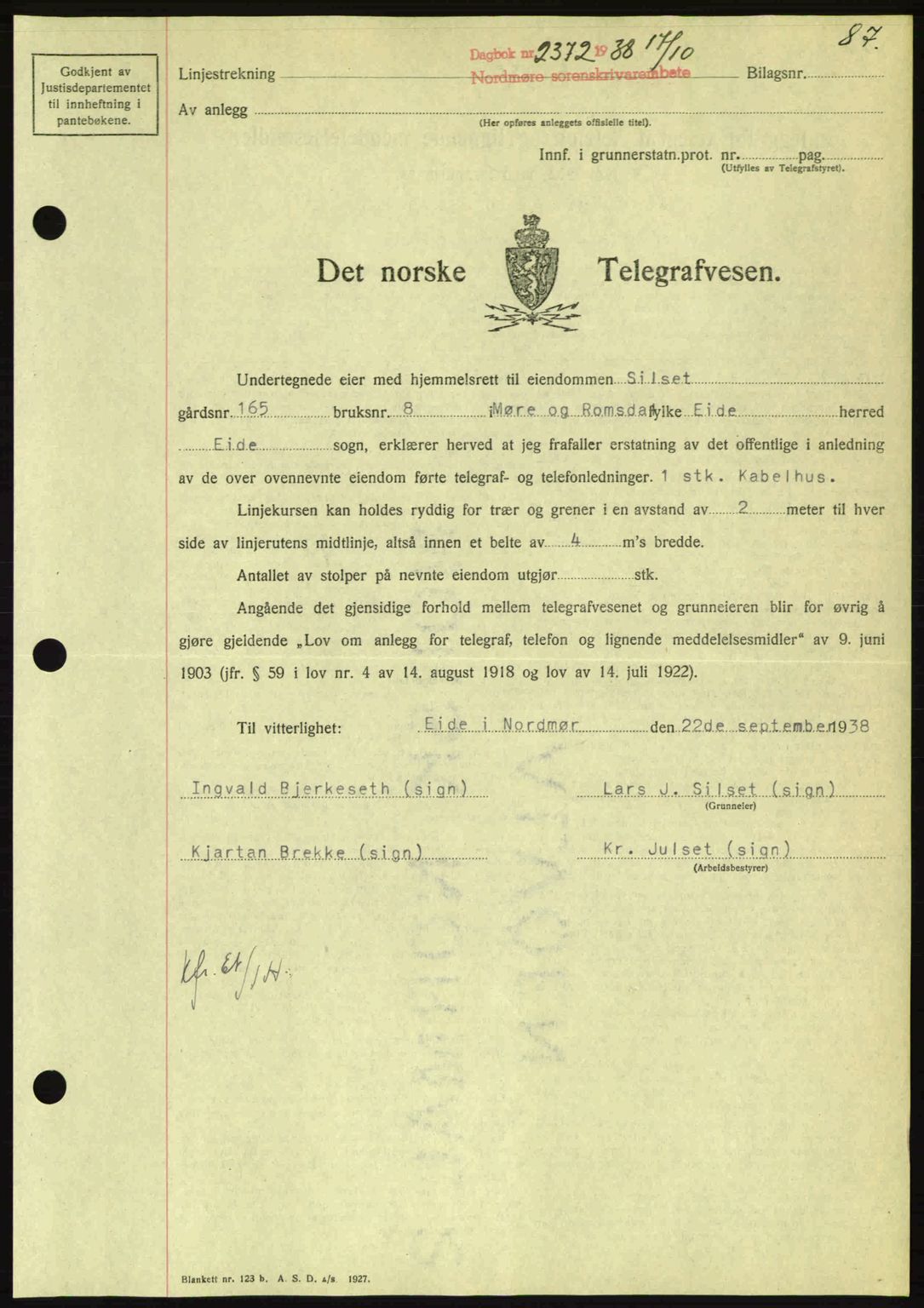 Nordmøre sorenskriveri, SAT/A-4132/1/2/2Ca: Mortgage book no. B84, 1938-1939, Diary no: : 2372/1938