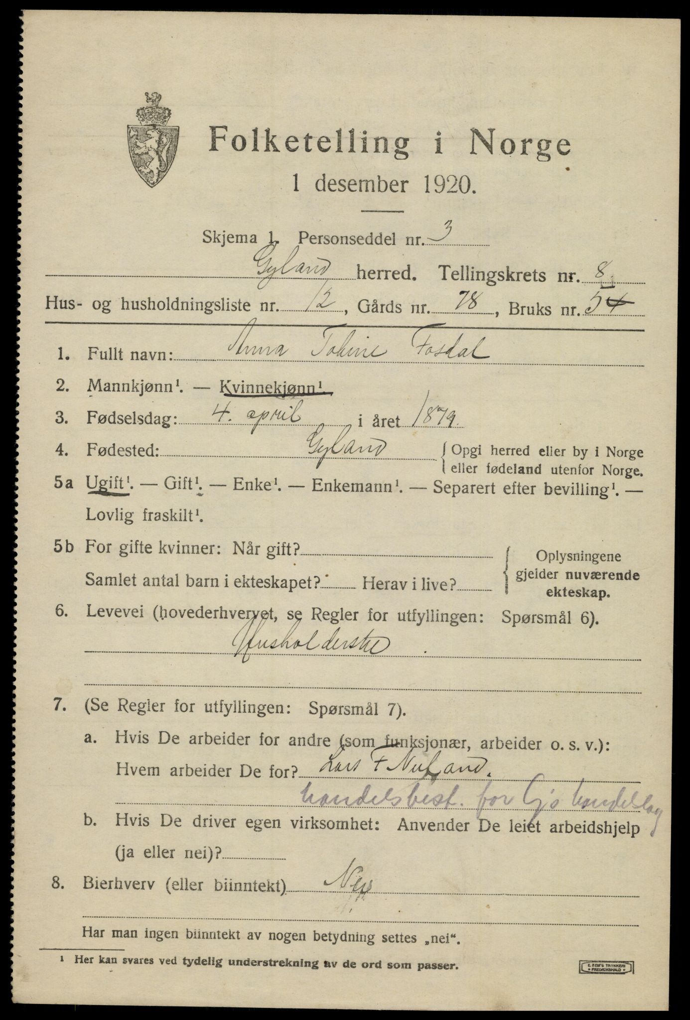 SAK, 1920 census for Gyland, 1920, p. 1800
