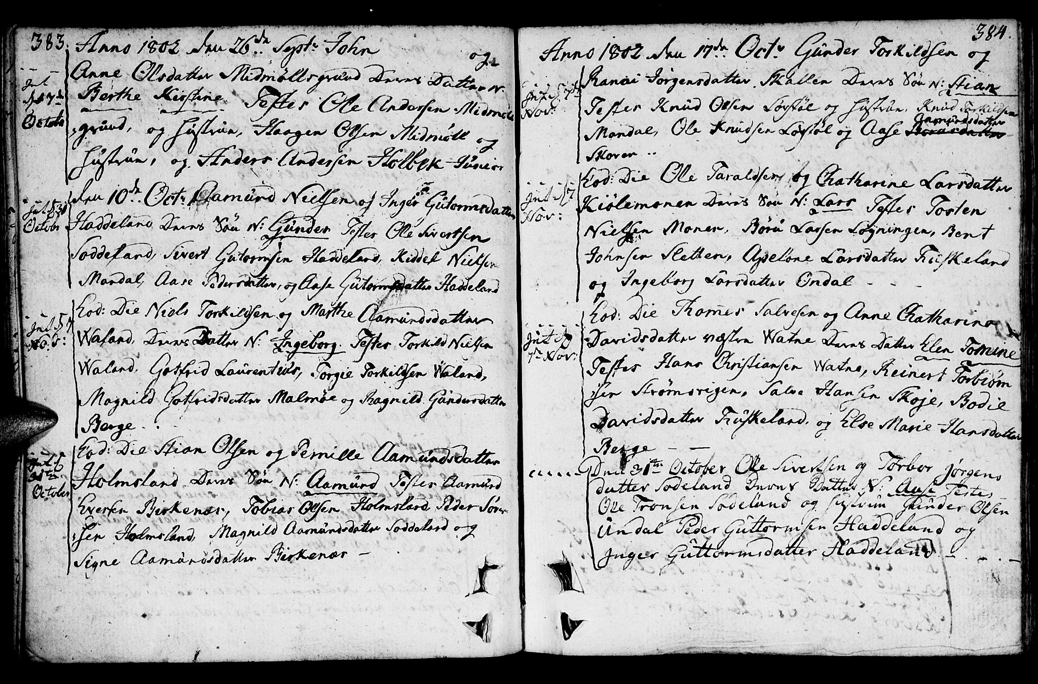 Holum sokneprestkontor, SAK/1111-0022/F/Fa/Faa/L0003: Parish register (official) no. A 3, 1780-1821, p. 383-384