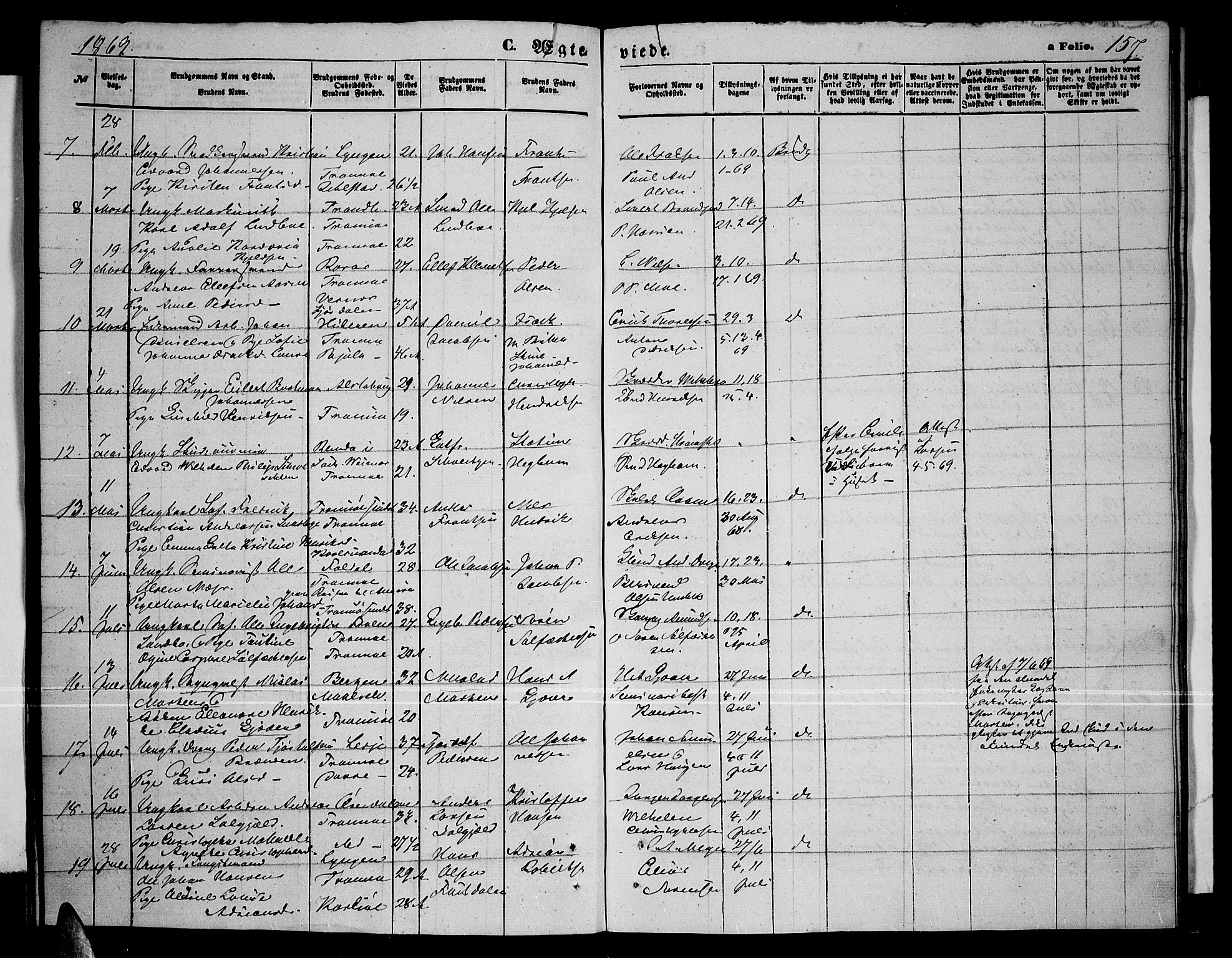 Tromsø sokneprestkontor/stiftsprosti/domprosti, AV/SATØ-S-1343/G/Gb/L0007klokker: Parish register (copy) no. 7, 1867-1875, p. 157