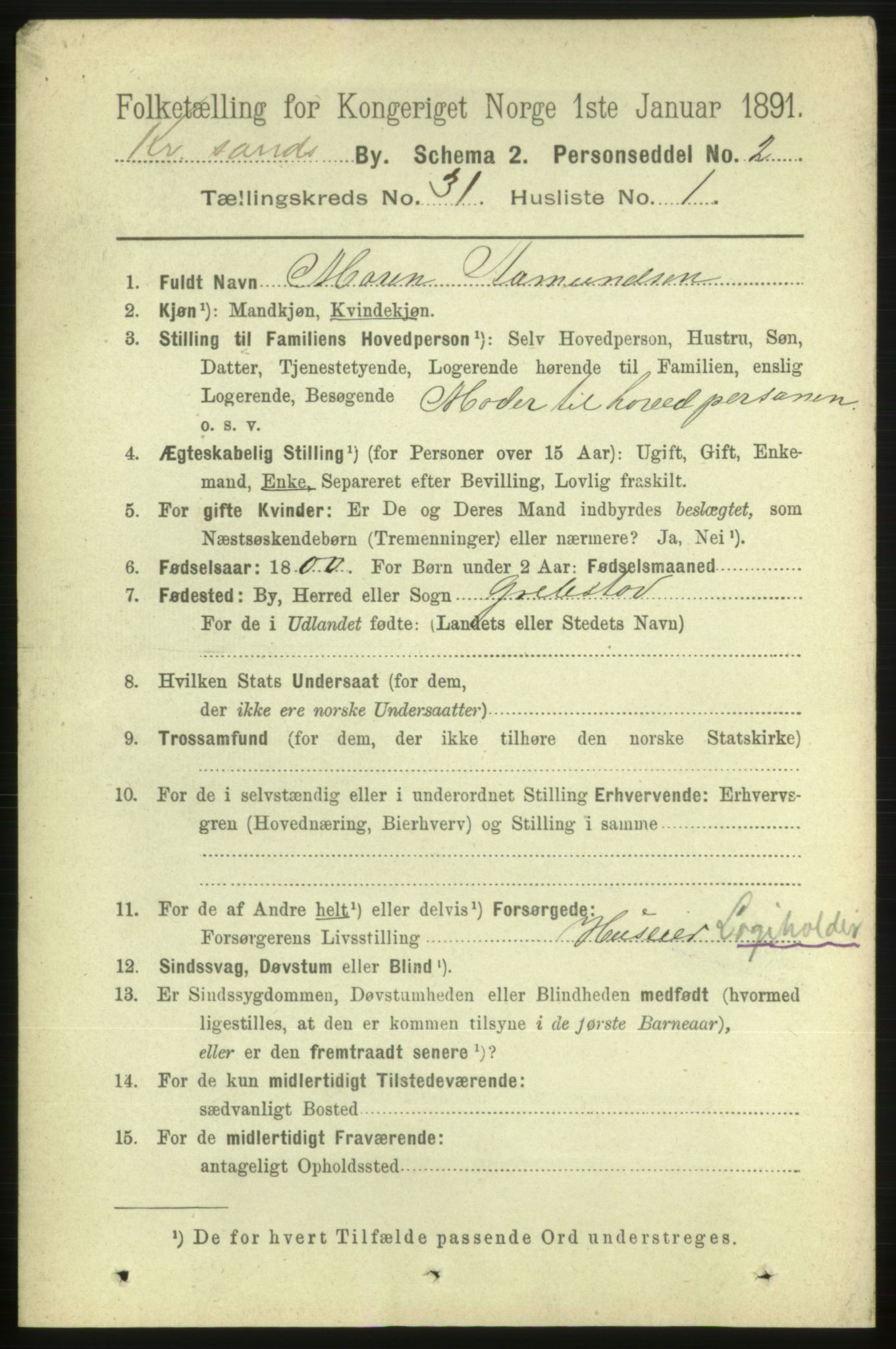 RA, 1891 census for 1001 Kristiansand, 1891, p. 9722