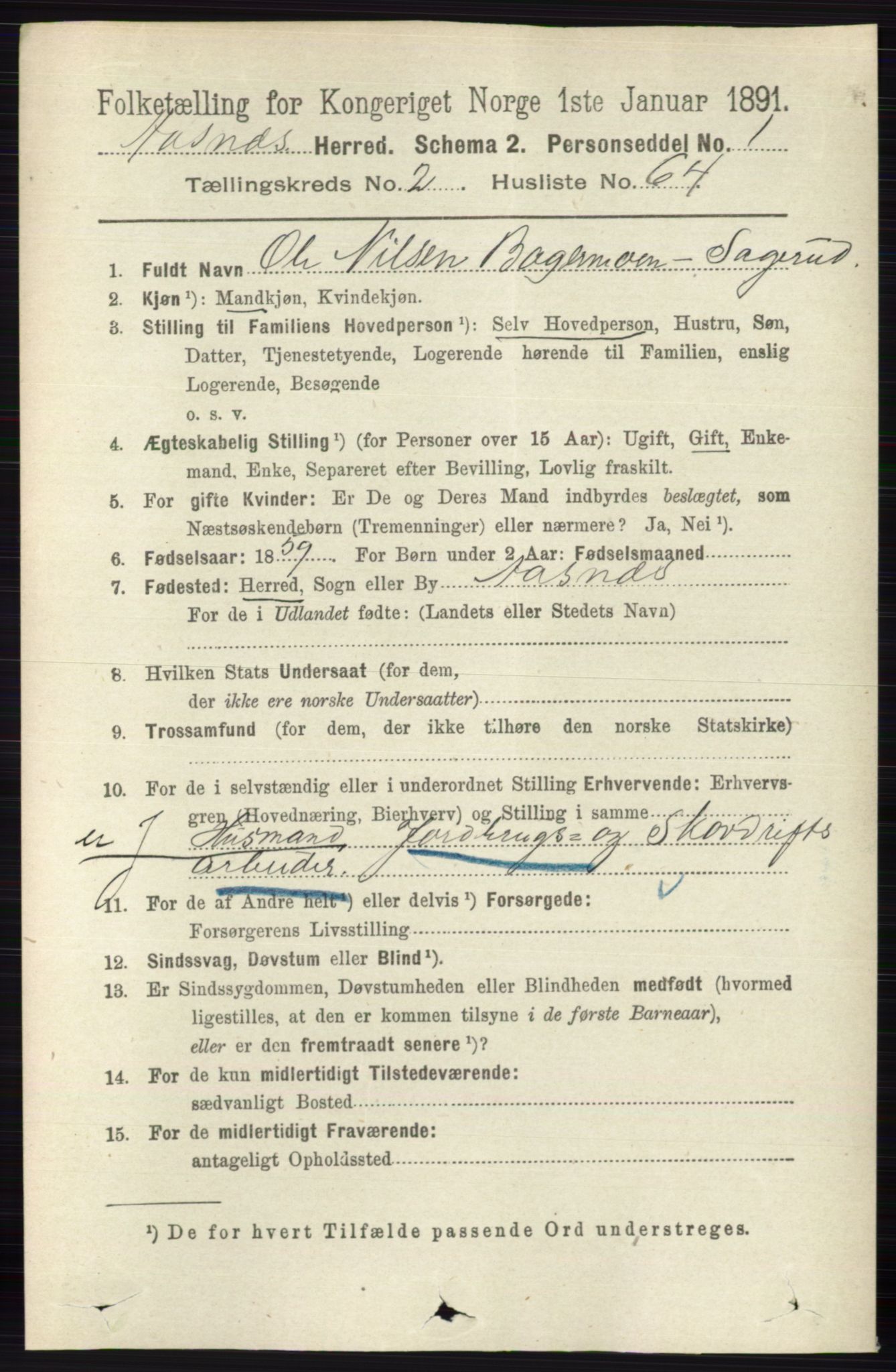 RA, 1891 census for 0425 Åsnes, 1891, p. 947