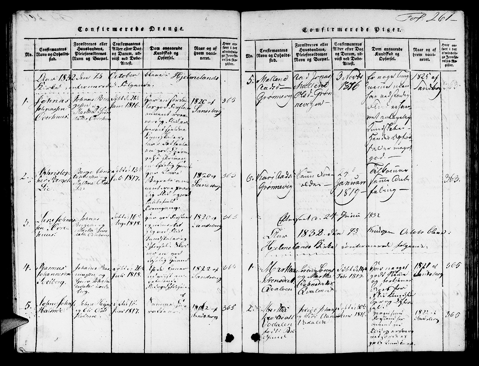 Hjelmeland sokneprestkontor, AV/SAST-A-101843/01/V/L0003: Parish register (copy) no. B 3, 1816-1841, p. 261