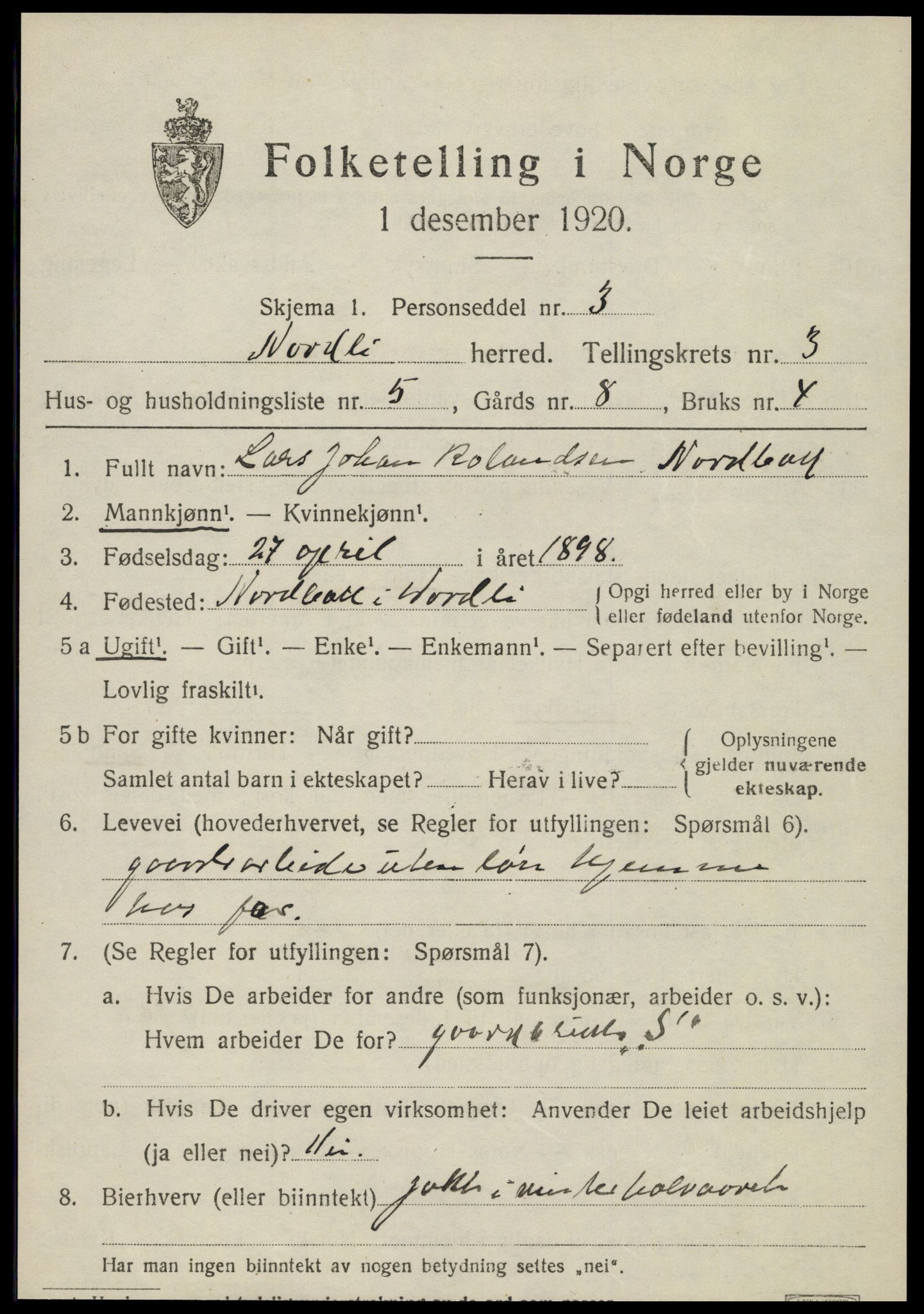 SAT, 1920 census for Nordli, 1920, p. 1453