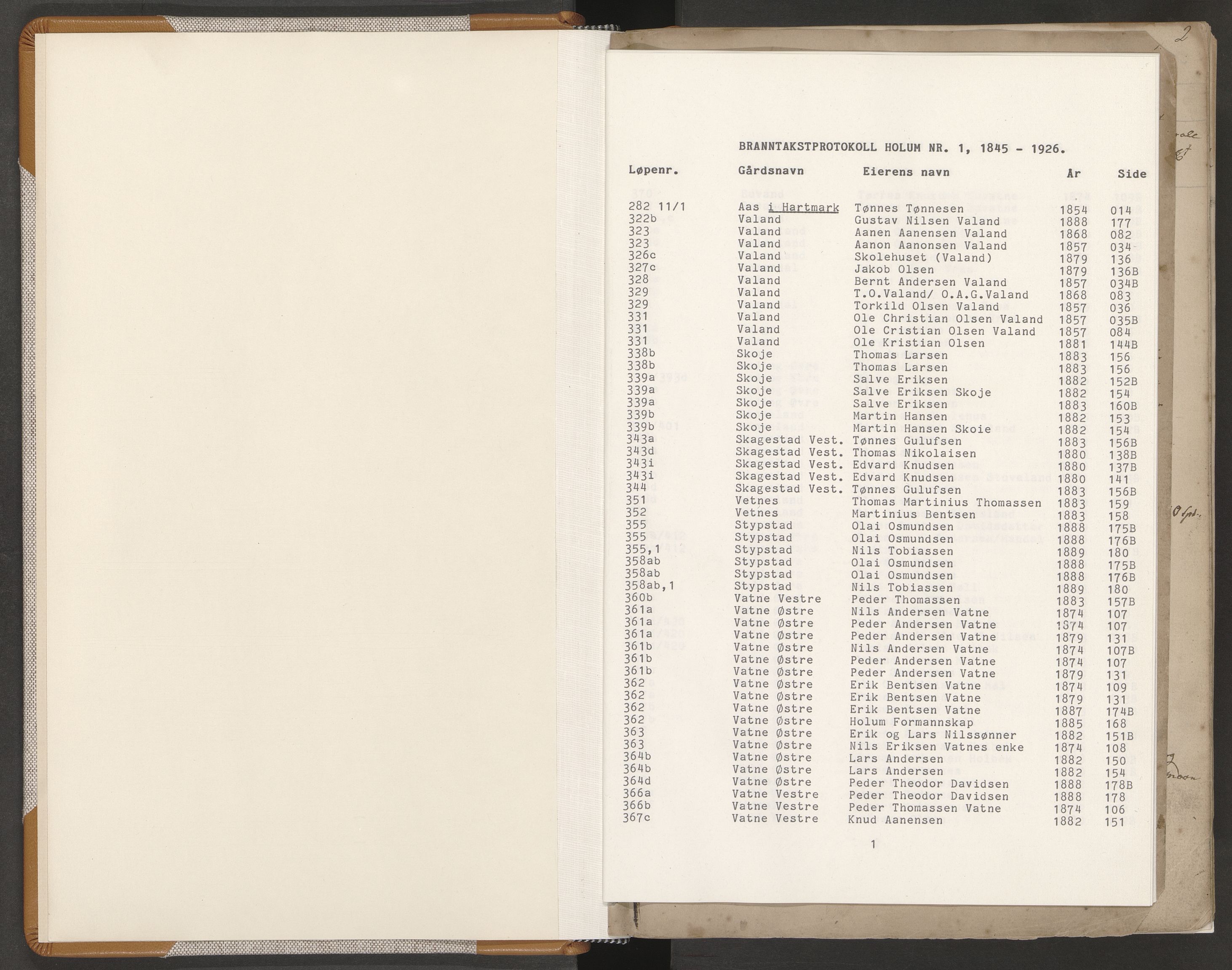 Norges Brannkasse Holum, AV/SAK-2241-0025/F/Fa/L0001: Branntakstprotokoll nr. 1 med gårdsnavnregister, 1845-1926