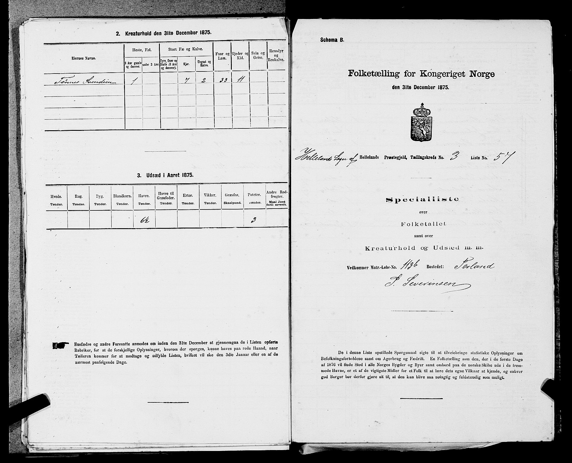 SAST, 1875 census for 1115P Helleland, 1875, p. 341