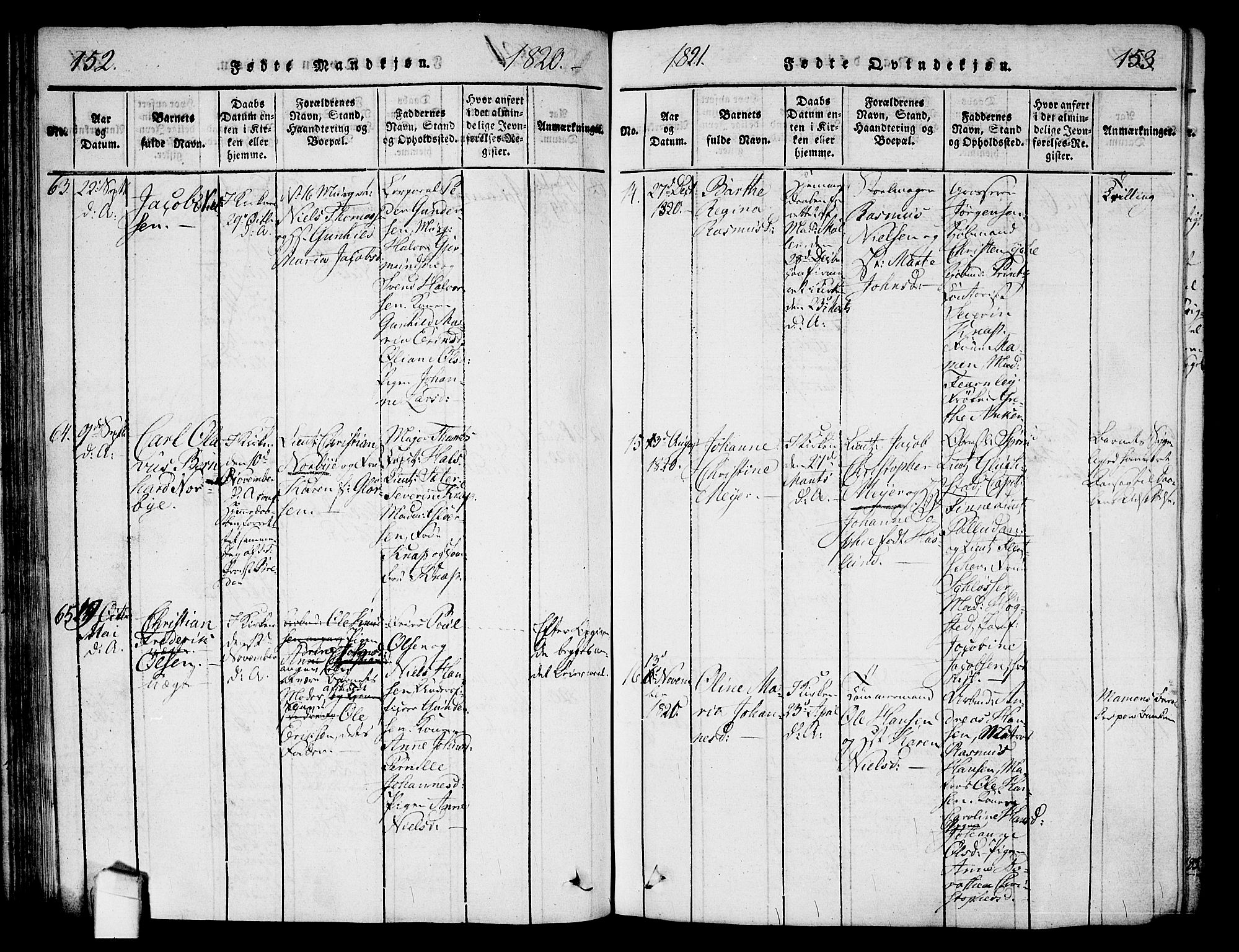 Halden prestekontor Kirkebøker, SAO/A-10909/G/Ga/L0001: Parish register (copy) no. 1, 1815-1833, p. 152-153