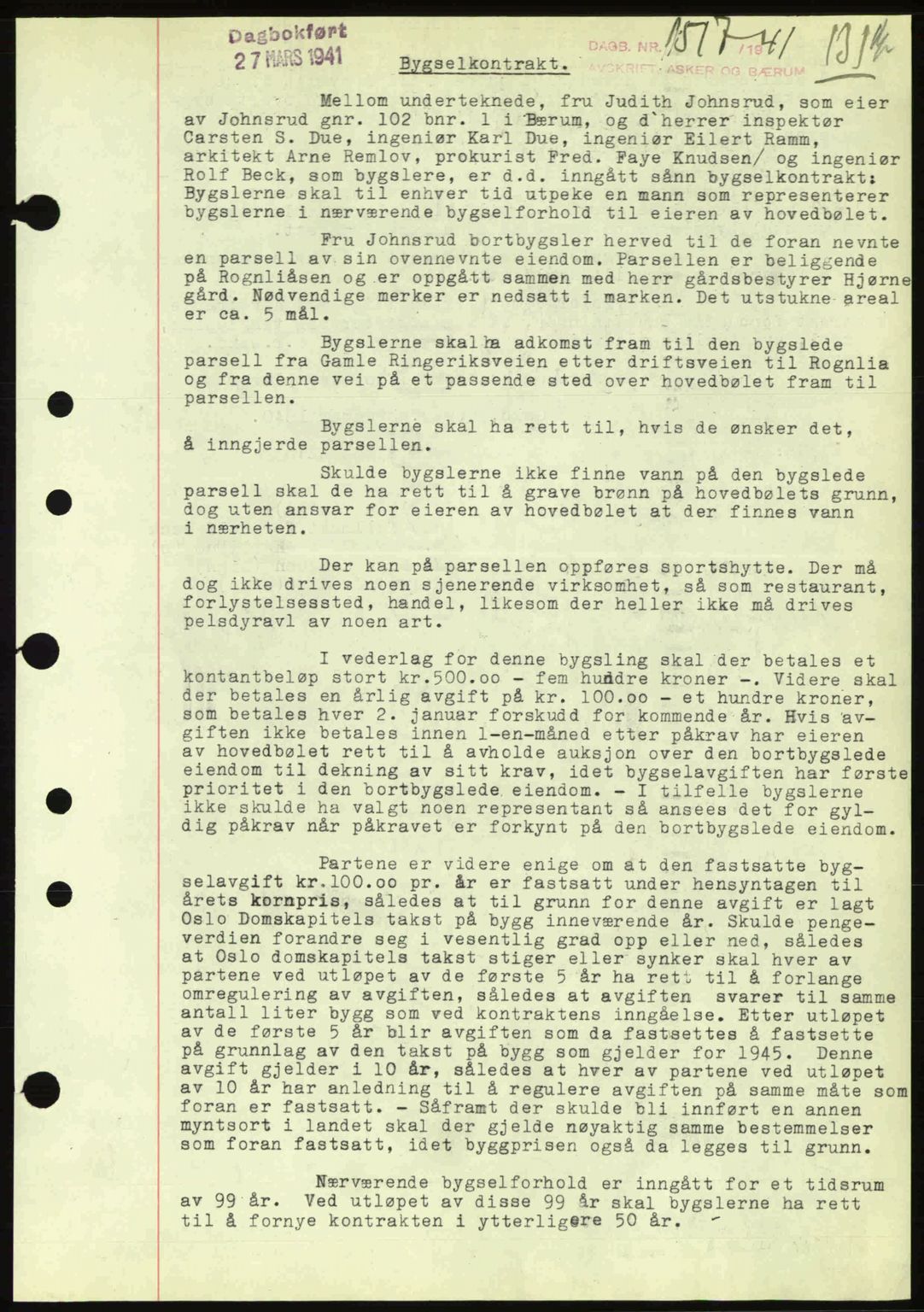 Aker herredsskriveri, AV/SAO-A-10896/G/Gb/Gbb/Gbbb/L0019: Mortgage book no. A65, 1941-1941, Diary no: : 1517/1941