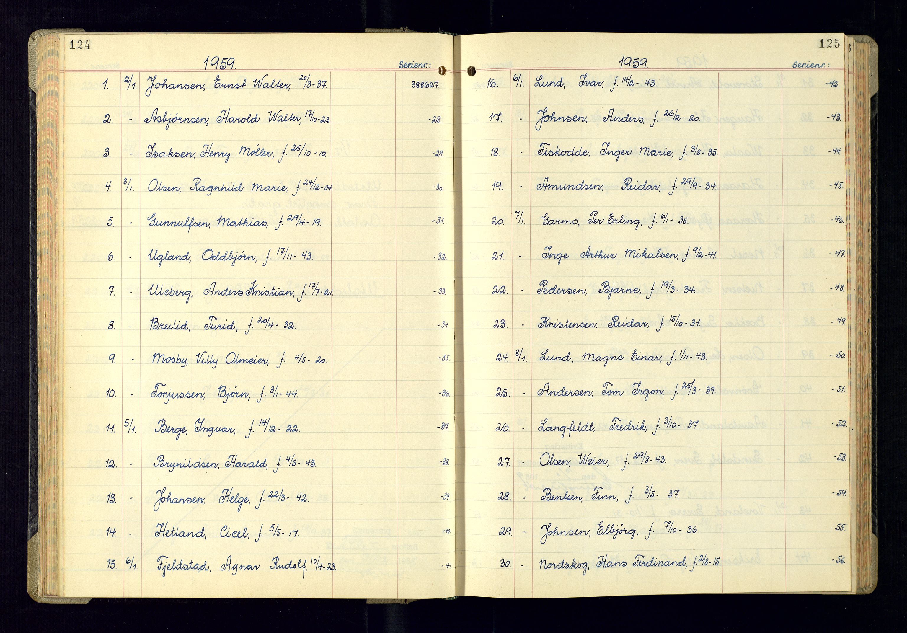 Kristiansand politikammer - 2, AV/SAK-1243-0009/K/Ka/Kaa/L0614: Passprotokoll, liste med løpenumre, 1958-1962, p. 124-125