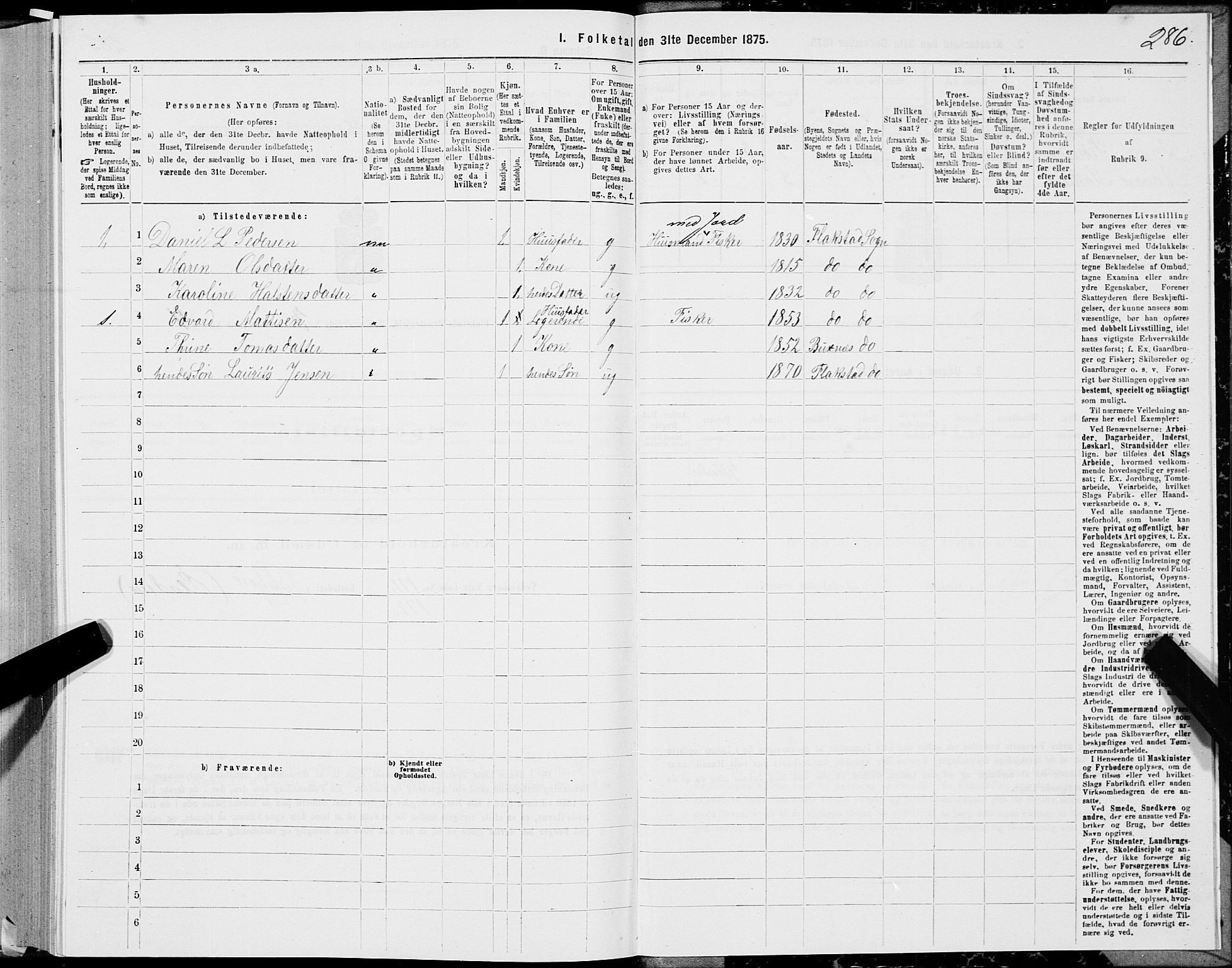 SAT, 1875 census for 1859P Flakstad, 1875, p. 1286