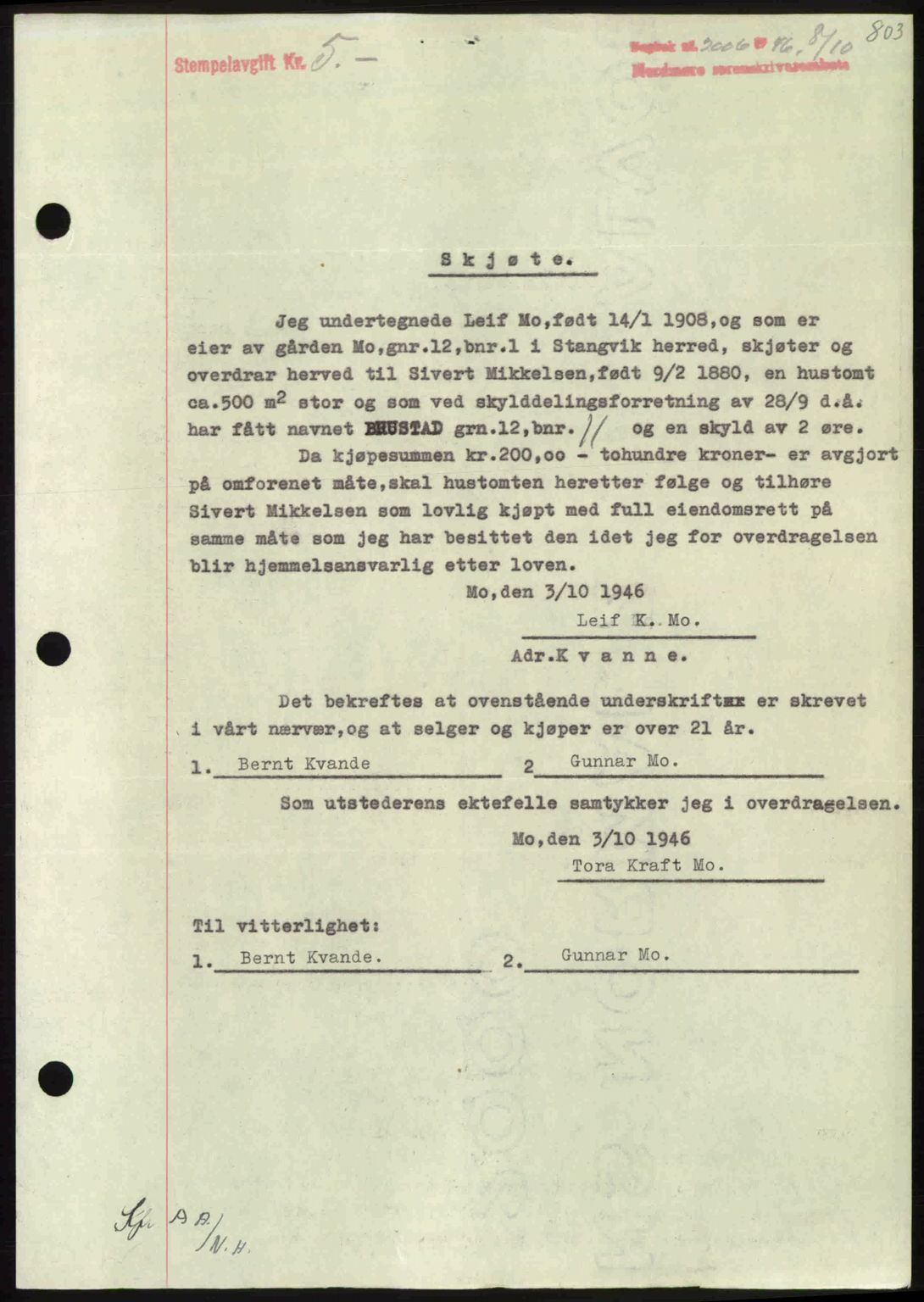 Nordmøre sorenskriveri, AV/SAT-A-4132/1/2/2Ca: Mortgage book no. A102, 1946-1946, Diary no: : 2006/1946