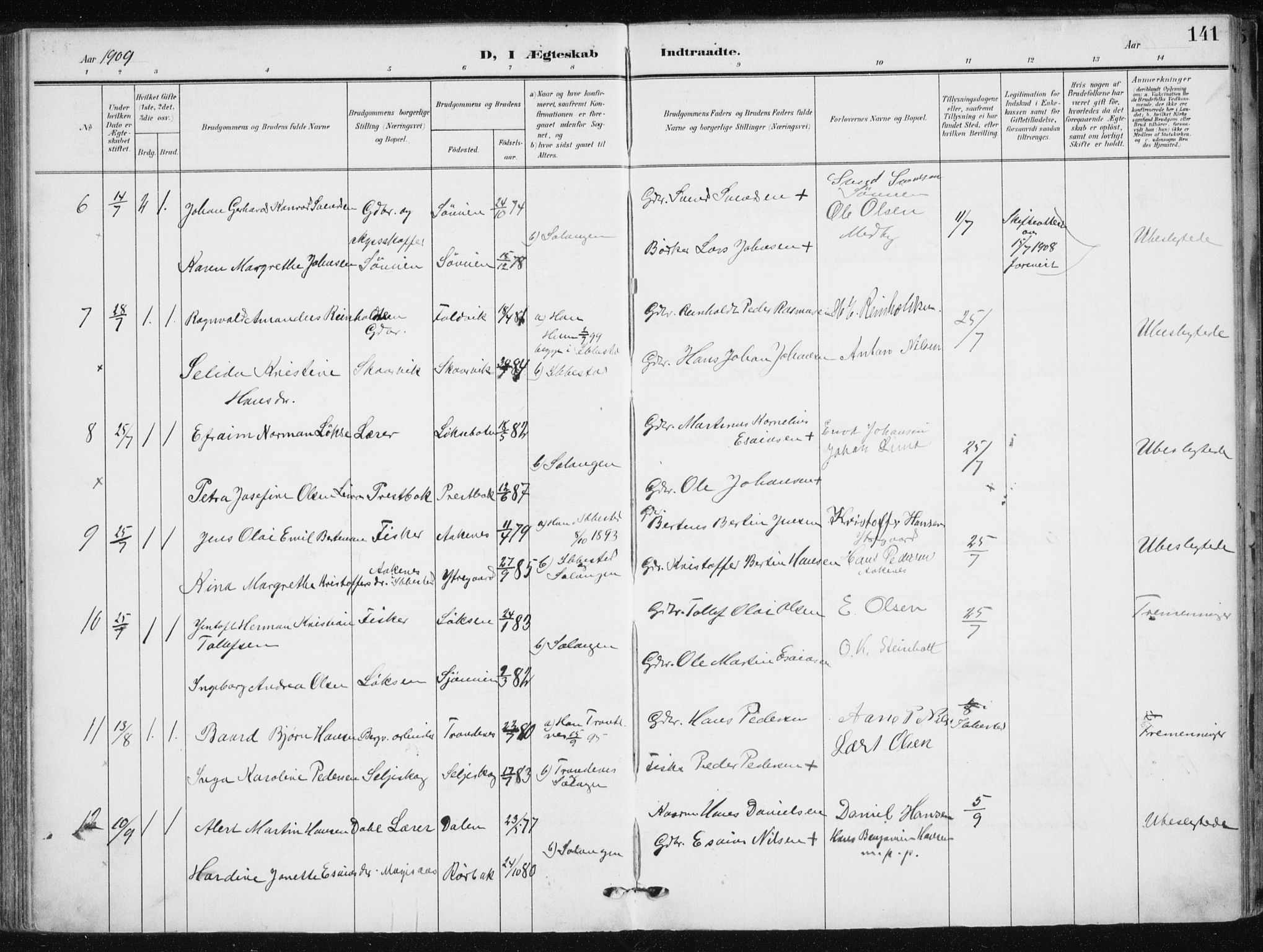 Salangen sokneprestembete, SATØ/S-1324/H/Ha/L0002kirke: Parish register (official) no. 2, 1902-1911, p. 141
