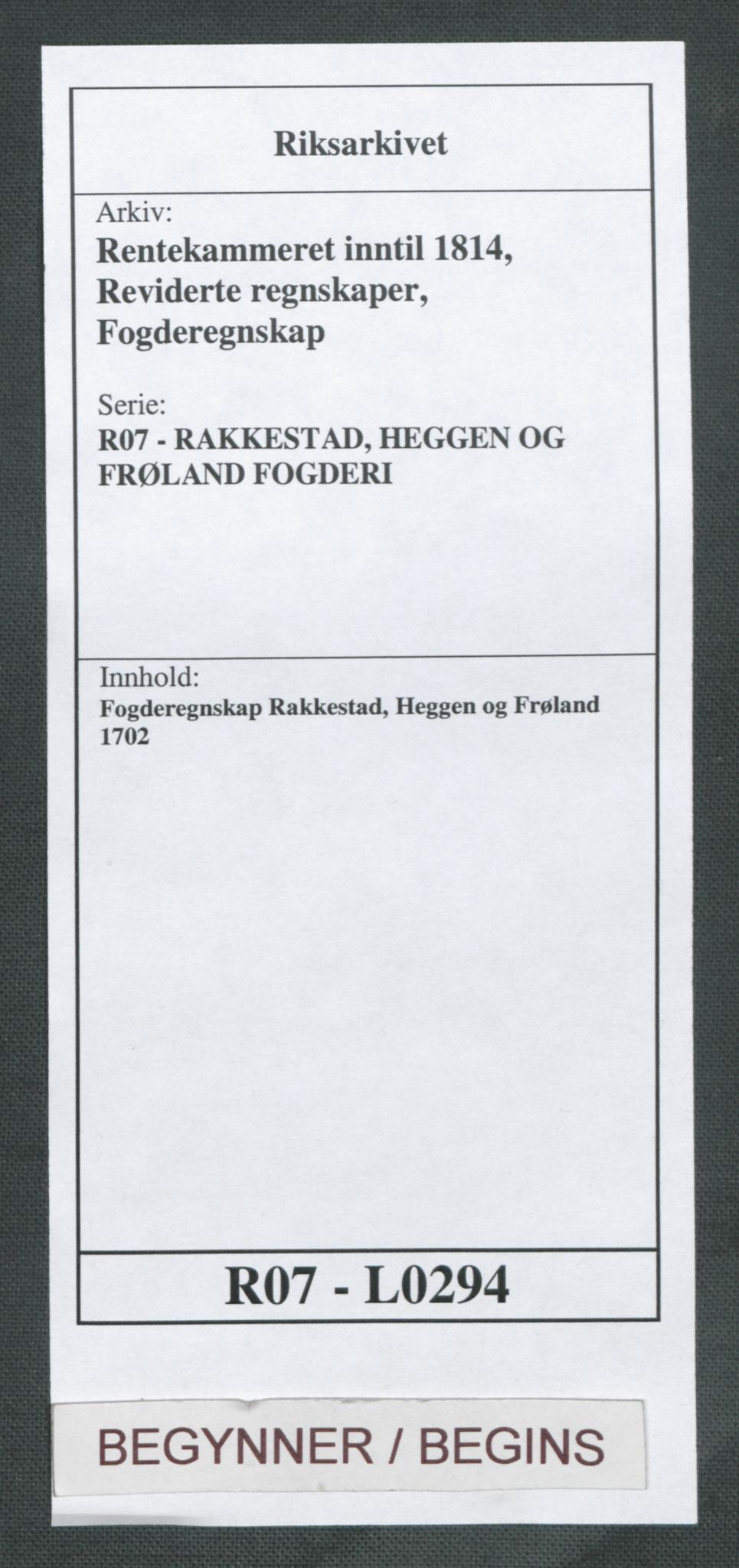 Rentekammeret inntil 1814, Reviderte regnskaper, Fogderegnskap, AV/RA-EA-4092/R07/L0294: Fogderegnskap Rakkestad, Heggen og Frøland, 1702, p. 1