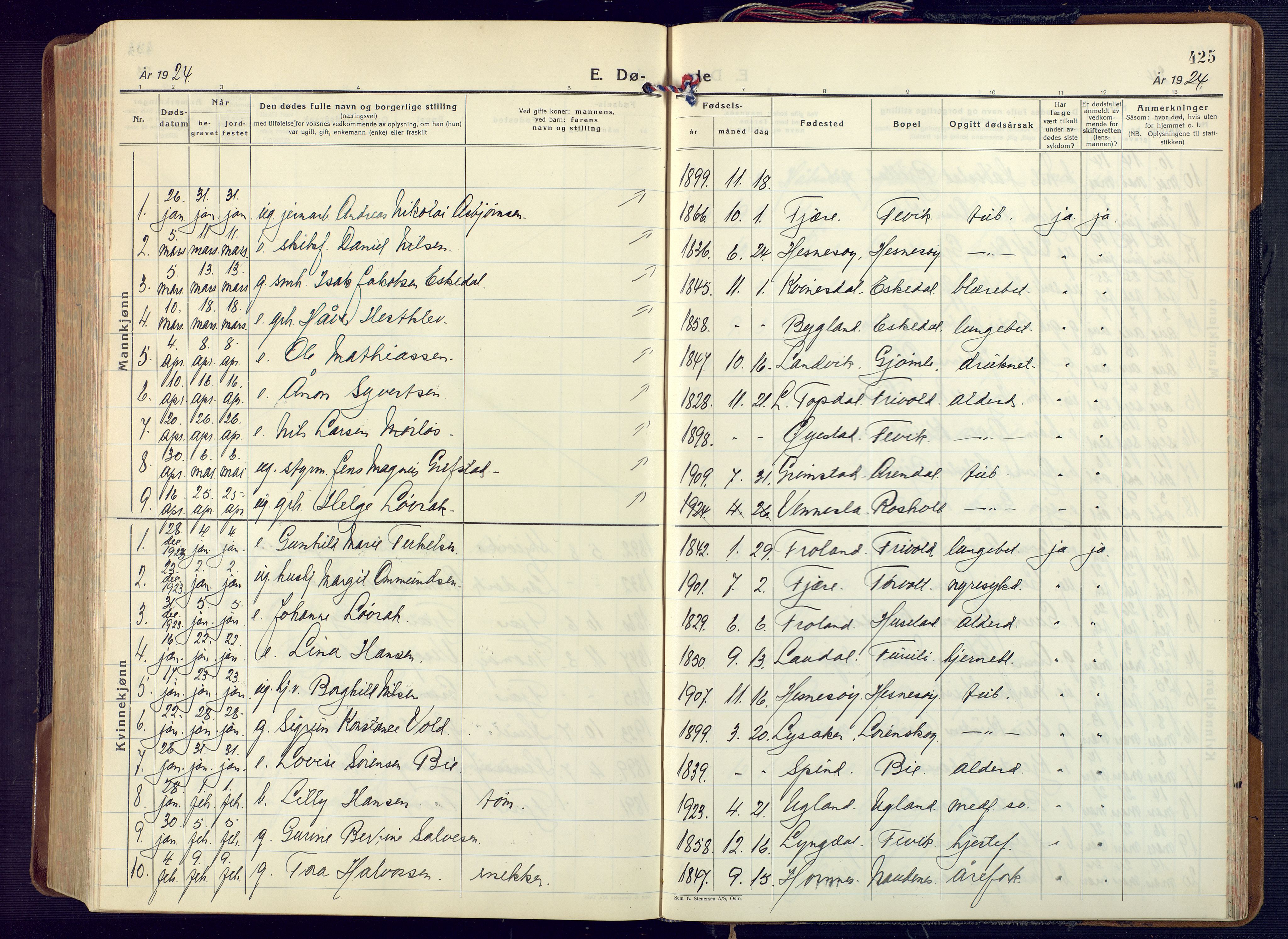 Fjære sokneprestkontor, SAK/1111-0011/F/Fa/L0004: Parish register (official) no. A 4, 1902-1925, p. 425