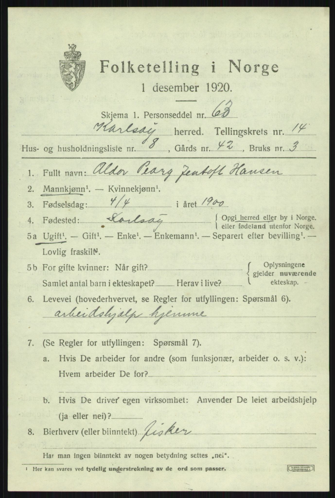 SATØ, 1920 census for Karlsøy, 1920, p. 5221