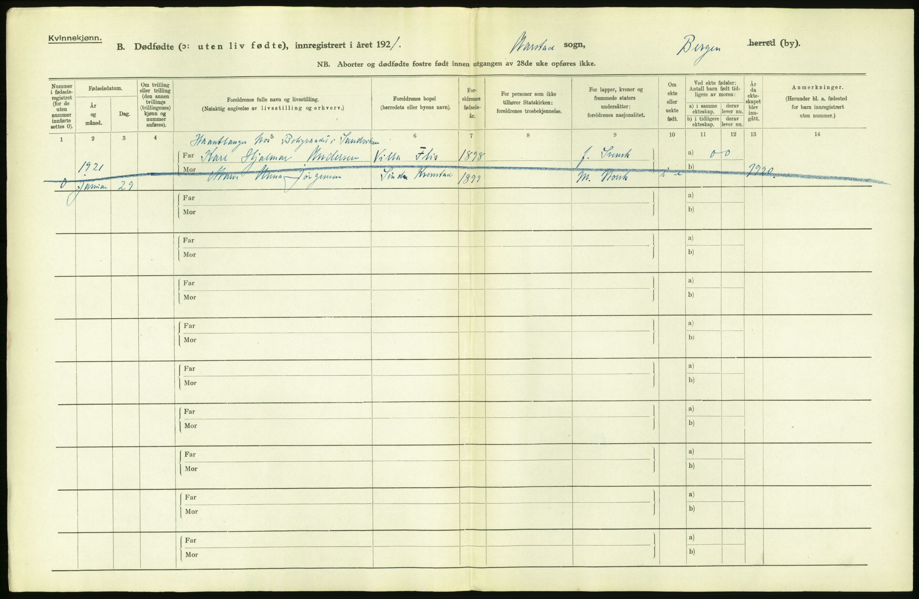 Statistisk sentralbyrå, Sosiodemografiske emner, Befolkning, AV/RA-S-2228/D/Df/Dfc/Dfca/L0035: Bergen: Gifte, dødfødte., 1921, p. 314