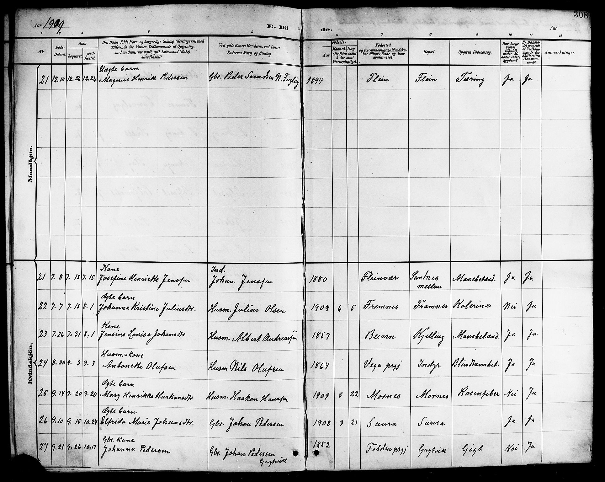 Ministerialprotokoller, klokkerbøker og fødselsregistre - Nordland, AV/SAT-A-1459/805/L0109: Parish register (copy) no. 805C05, 1900-1911, p. 308