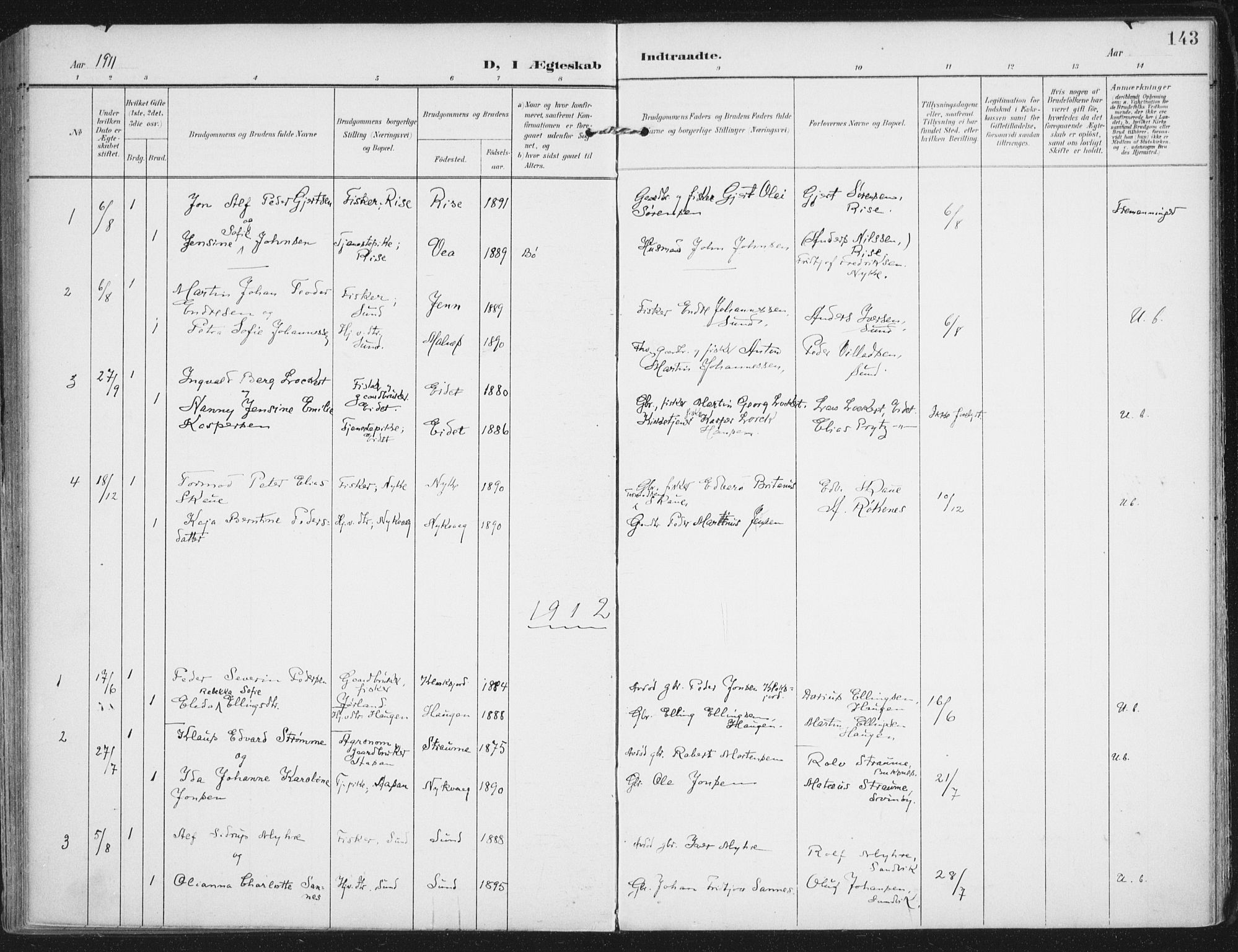 Ministerialprotokoller, klokkerbøker og fødselsregistre - Nordland, SAT/A-1459/892/L1321: Parish register (official) no. 892A02, 1902-1918, p. 143