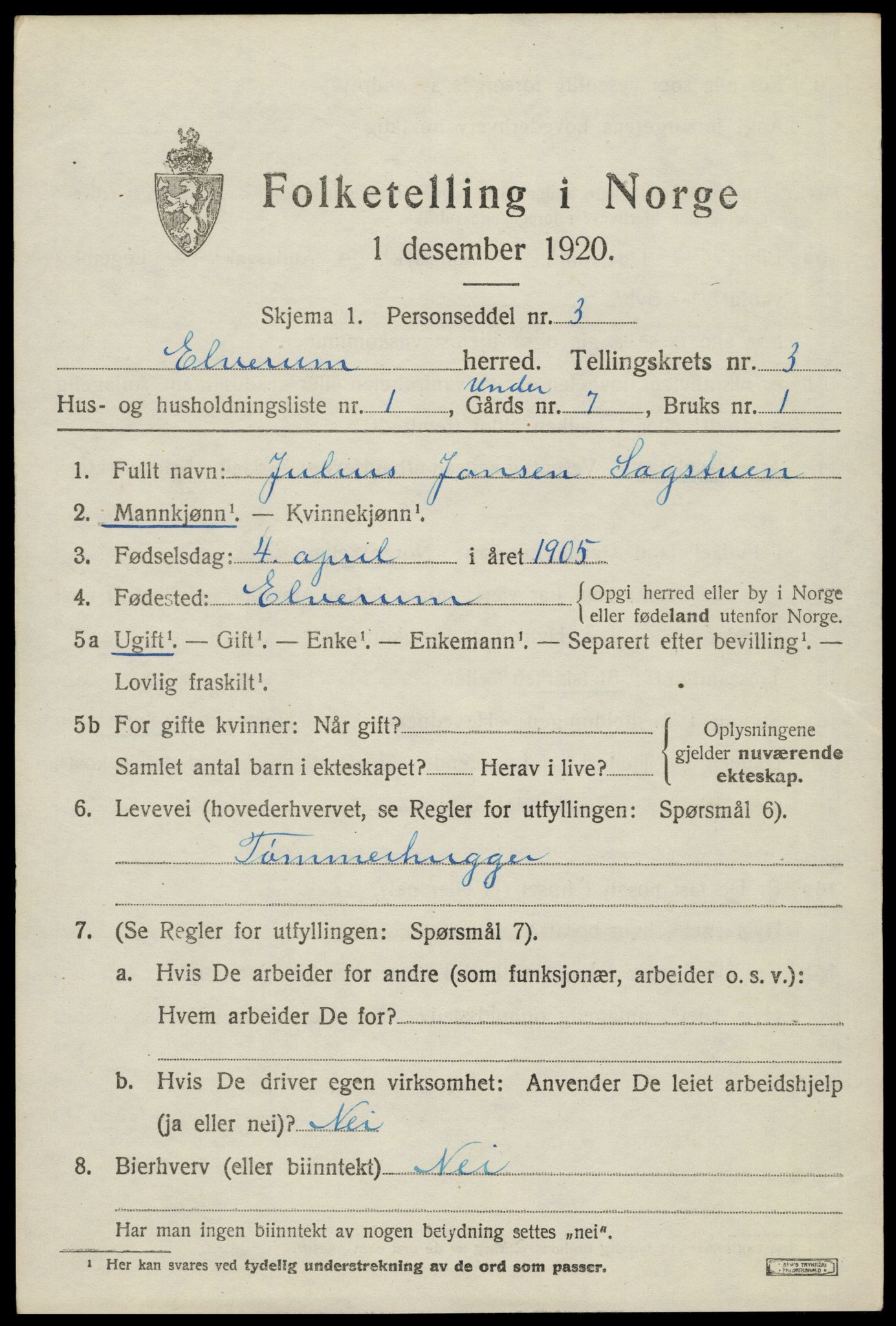 SAH, 1920 census for Elverum, 1920, p. 5988