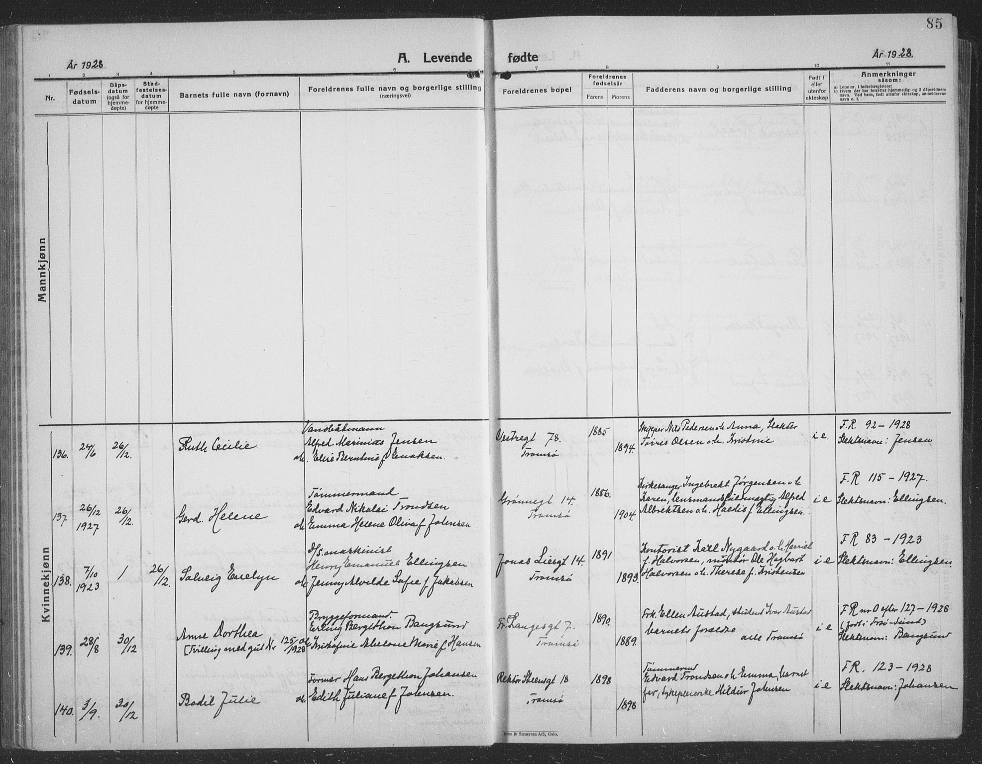 Tromsø sokneprestkontor/stiftsprosti/domprosti, AV/SATØ-S-1343/G/Gb/L0010klokker: Parish register (copy) no. 10, 1925-1937, p. 85