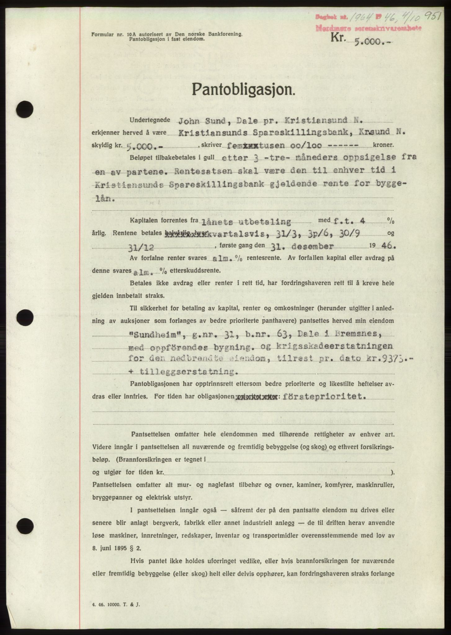 Nordmøre sorenskriveri, AV/SAT-A-4132/1/2/2Ca: Mortgage book no. B94, 1946-1946, Diary no: : 1964/1946