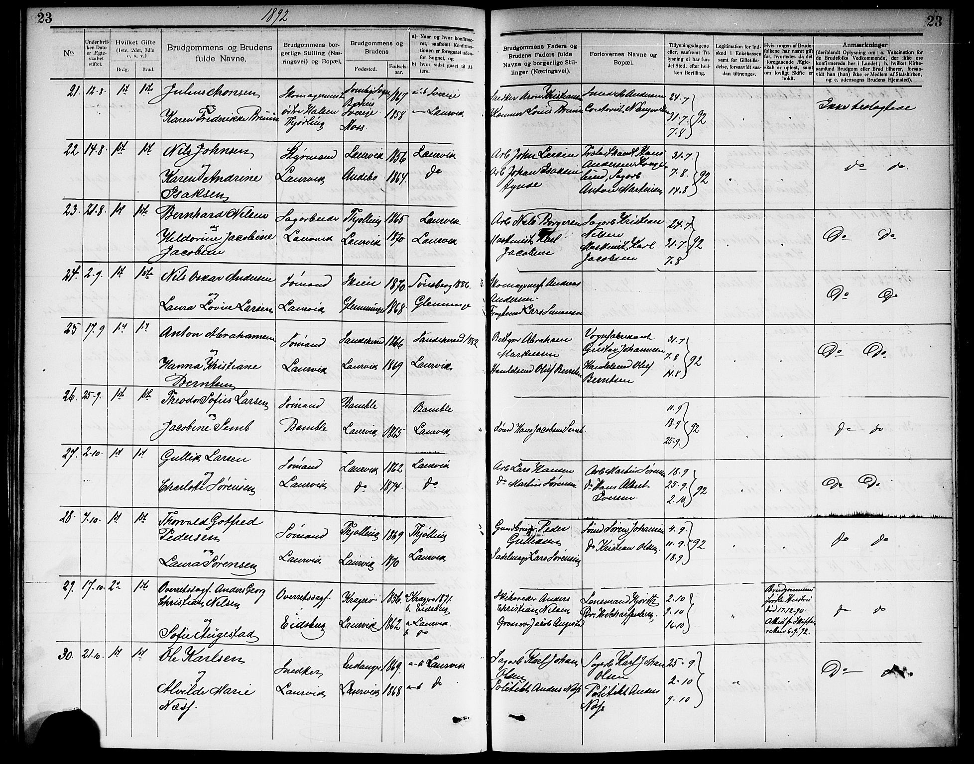 Larvik kirkebøker, SAKO/A-352/G/Ga/L0006: Parish register (copy) no. I 6, 1888-1917, p. 23