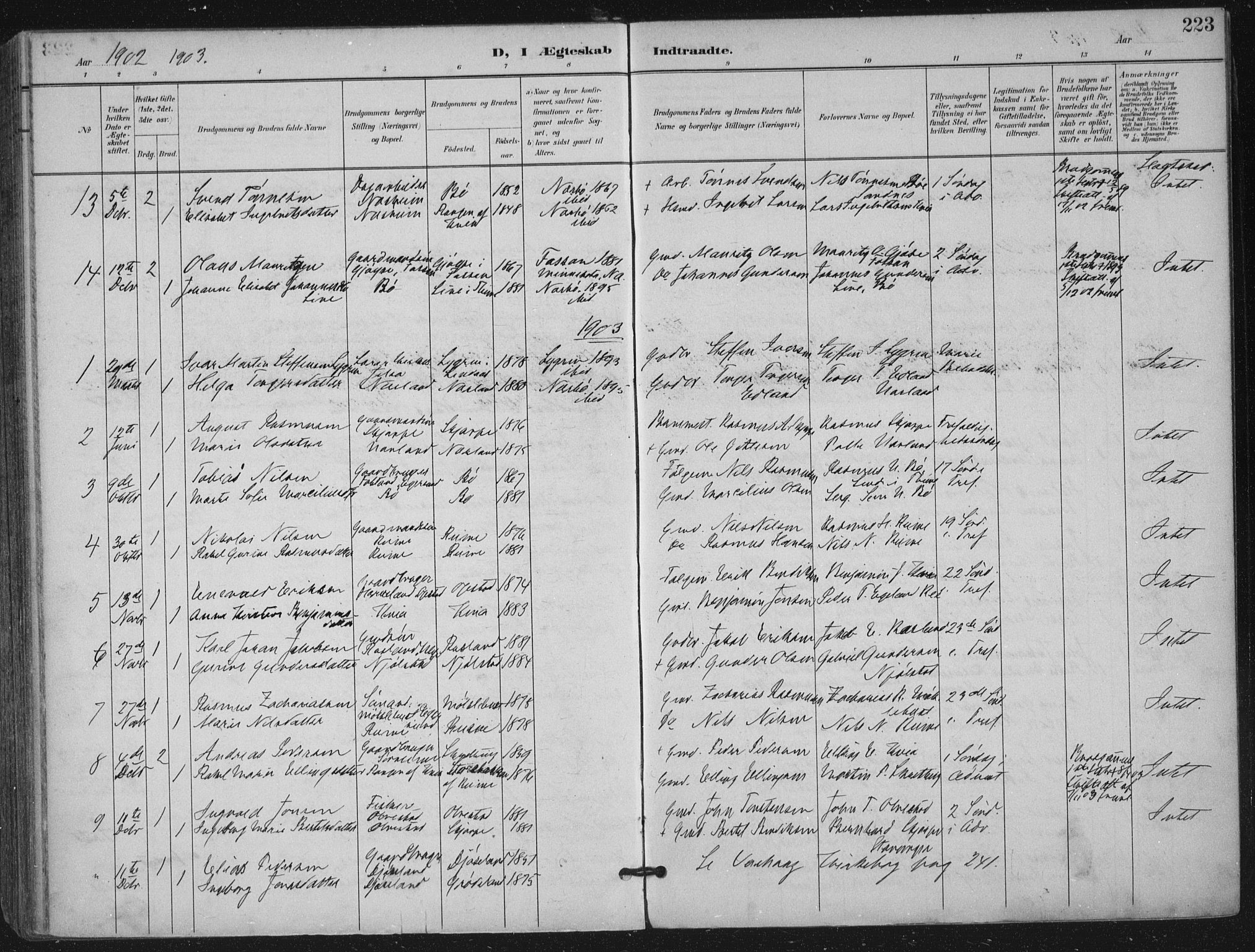 Hå sokneprestkontor, SAST/A-101801/002/B/L0001: Parish register (official) no. A 11, 1897-1924, p. 223