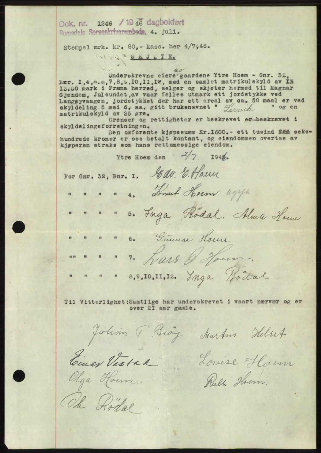 Romsdal sorenskriveri, AV/SAT-A-4149/1/2/2C: Mortgage book no. A20, 1946-1946, Diary no: : 1246/1946