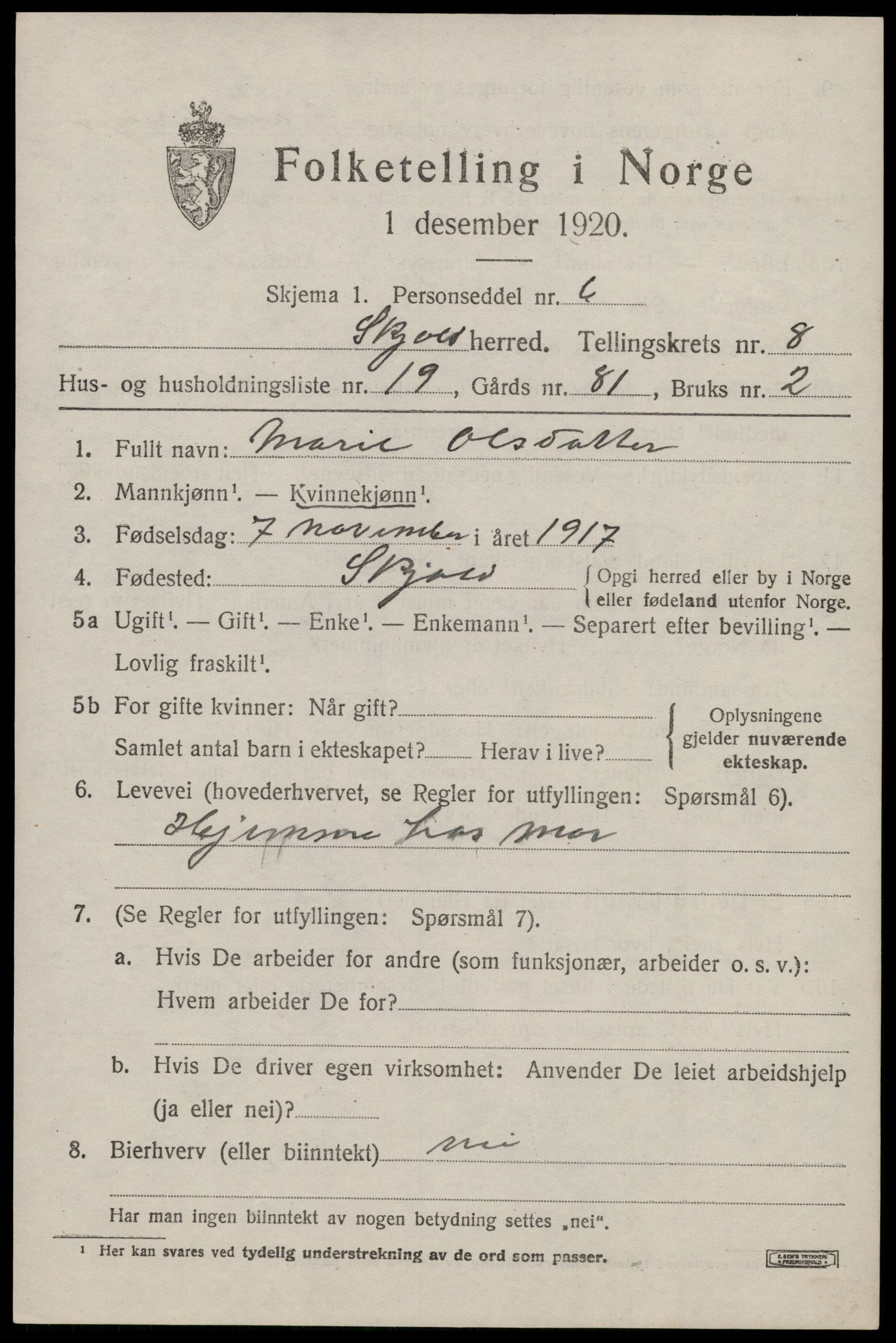 SAST, 1920 census for Skjold, 1920, p. 4382