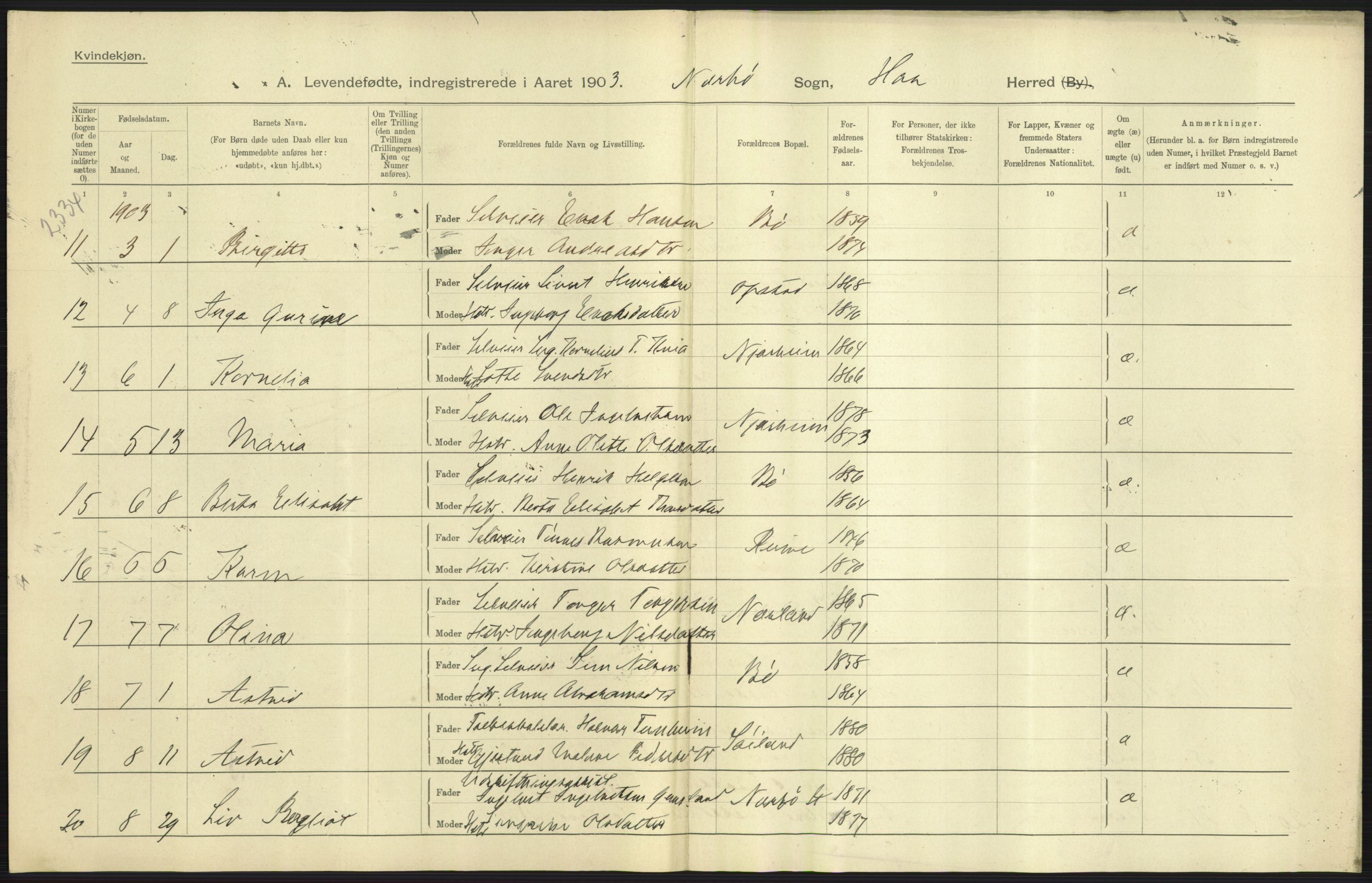 Statistisk sentralbyrå, Sosiodemografiske emner, Befolkning, AV/RA-S-2228/D/Df/Dfa/Dfaa/L0012: Stavanger amt: Fødte, gifte, døde, 1903, p. 45