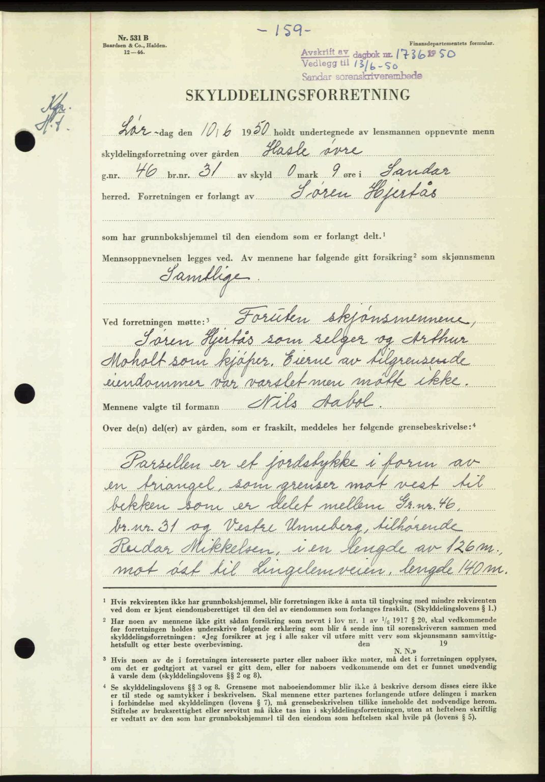 Sandar sorenskriveri, AV/SAKO-A-86/G/Ga/Gaa/L0021: Mortgage book no. A-21, 1950-1950, Diary no: : 1736/1950