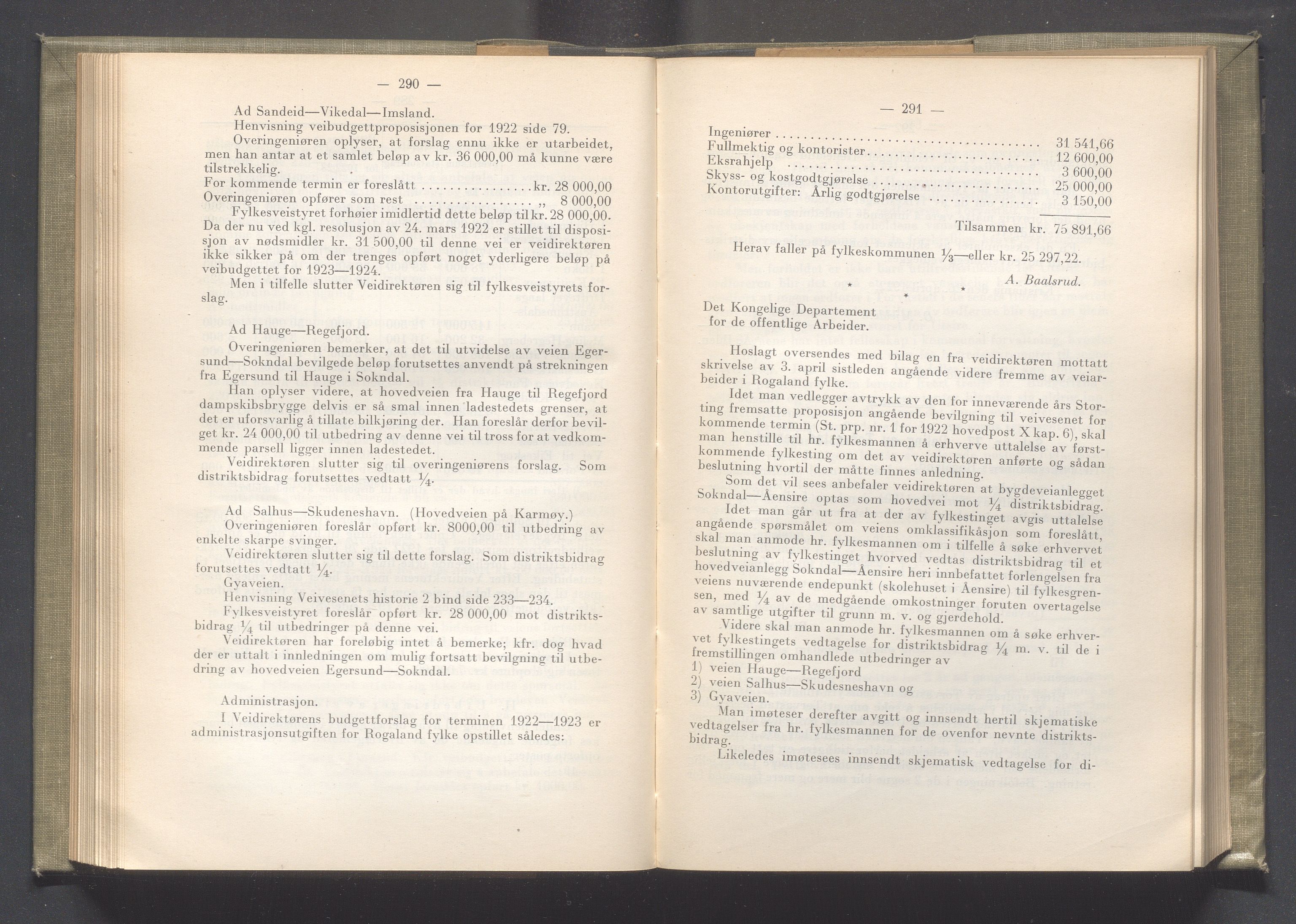 Rogaland fylkeskommune - Fylkesrådmannen , IKAR/A-900/A/Aa/Aaa/L0041: Møtebok , 1922, p. 290-291