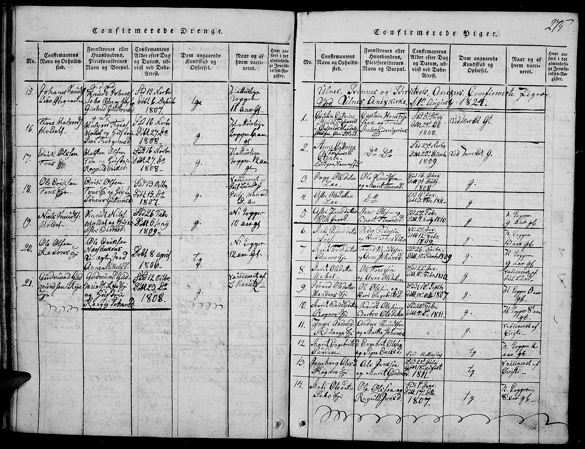 Nord-Aurdal prestekontor, AV/SAH-PREST-132/H/Ha/Haa/L0002: Parish register (official) no. 2, 1816-1828, p. 275