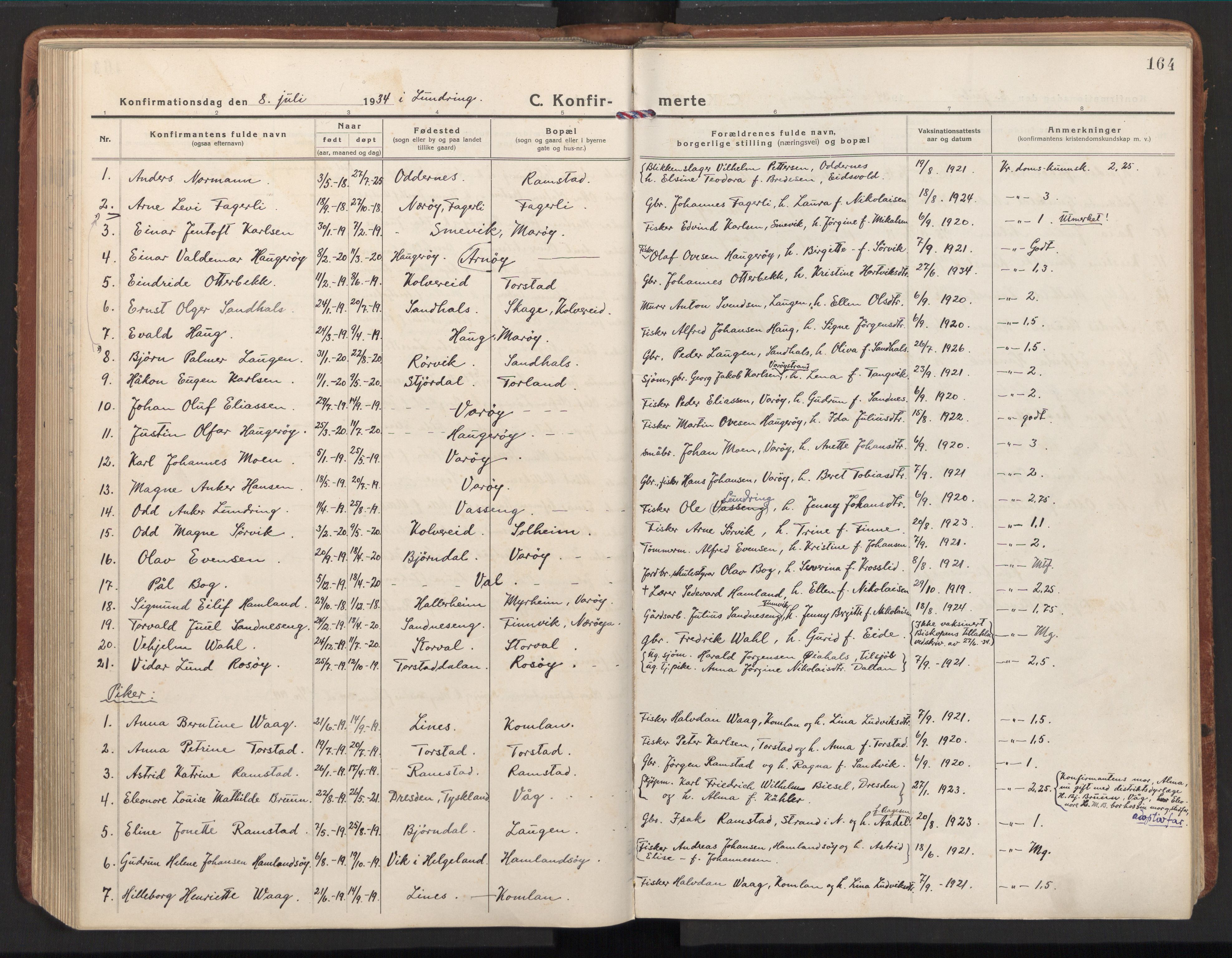 Ministerialprotokoller, klokkerbøker og fødselsregistre - Nord-Trøndelag, AV/SAT-A-1458/784/L0678: Parish register (official) no. 784A13, 1921-1938, p. 164