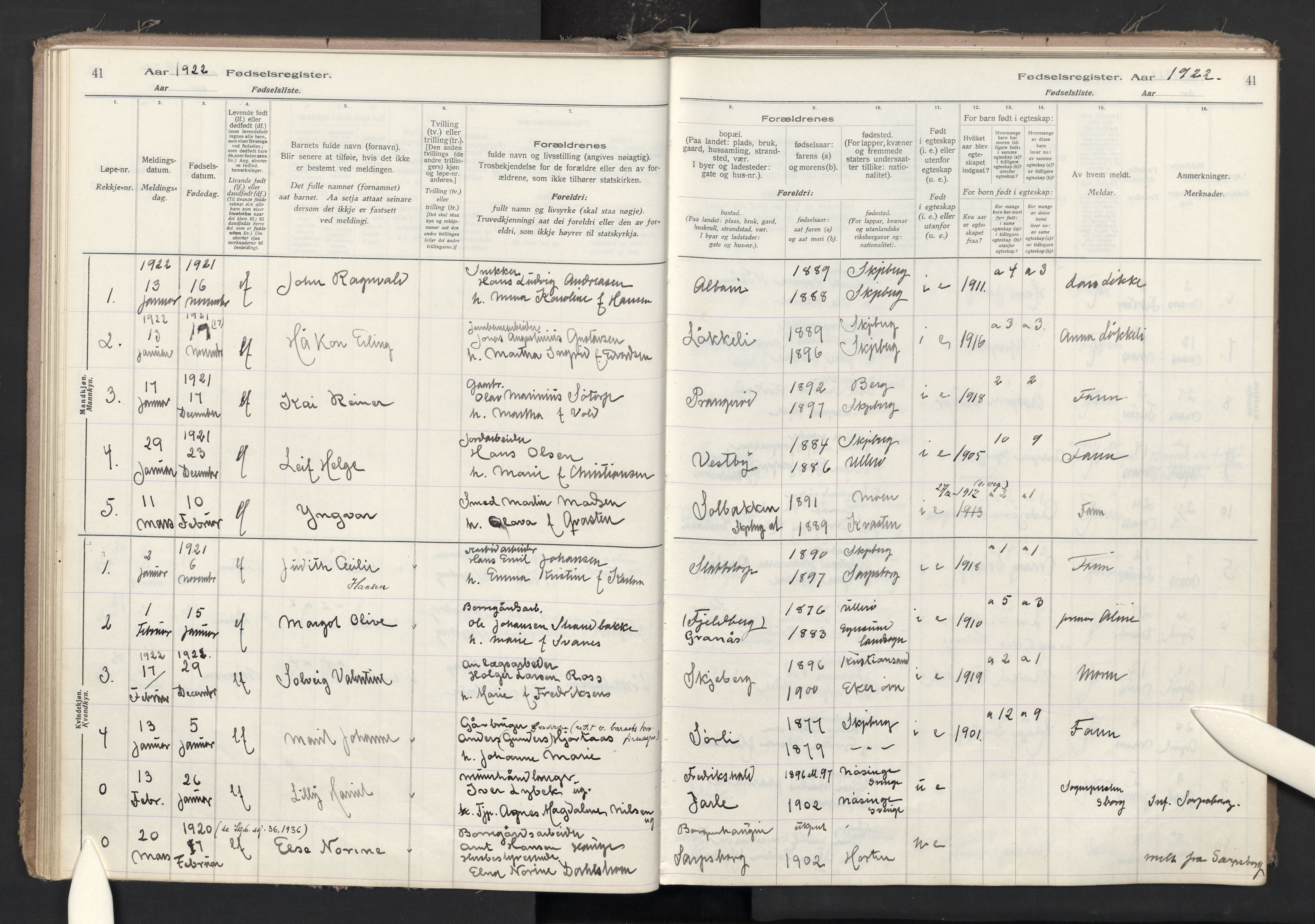 Skjeberg prestekontor Kirkebøker, SAO/A-10923/J/Ja/L0001: Birth register no. I 1, 1916-1945, p. 41