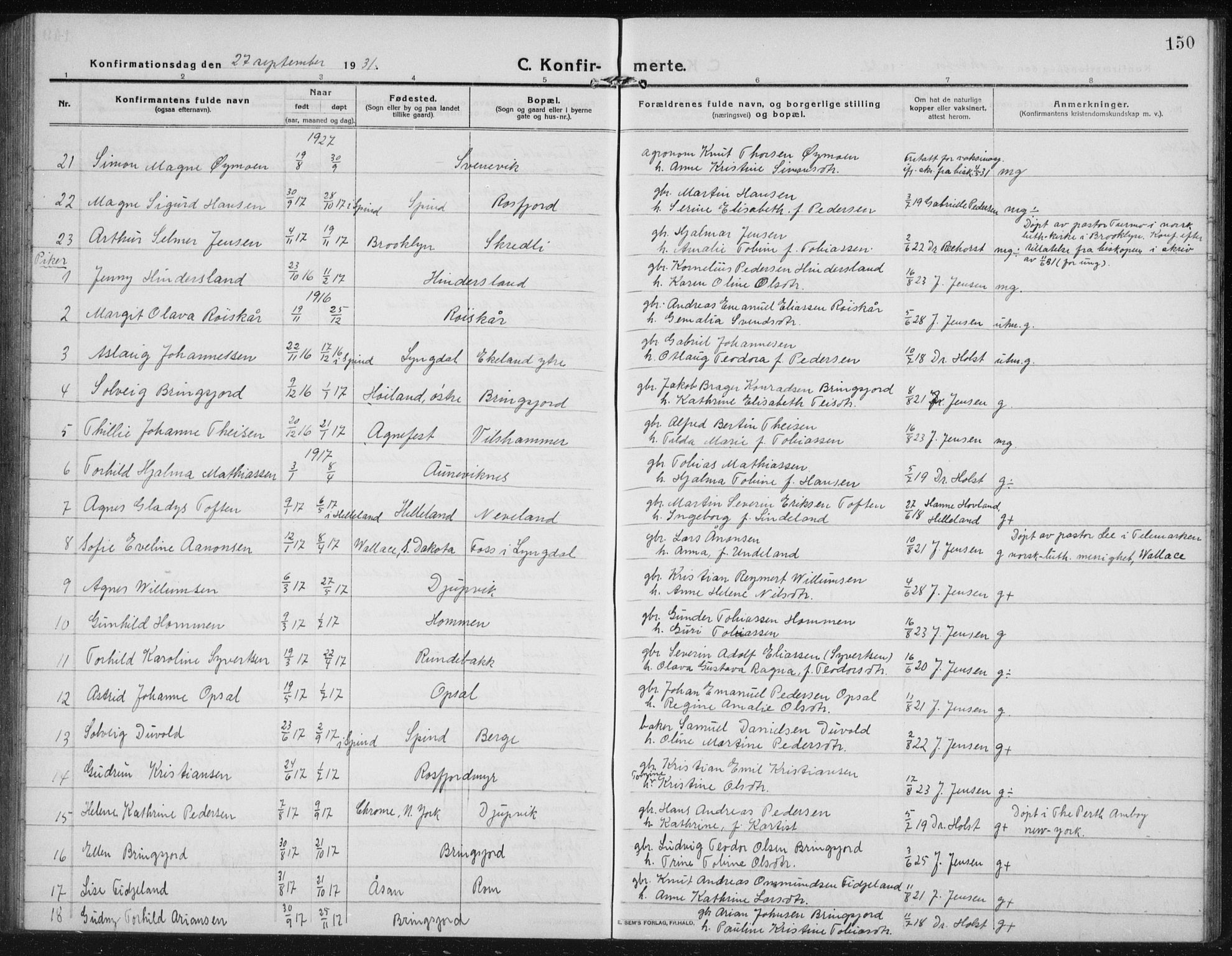 Lyngdal sokneprestkontor, AV/SAK-1111-0029/F/Fb/Fbc/L0006: Parish register (copy) no. B 6, 1914-1934, p. 150