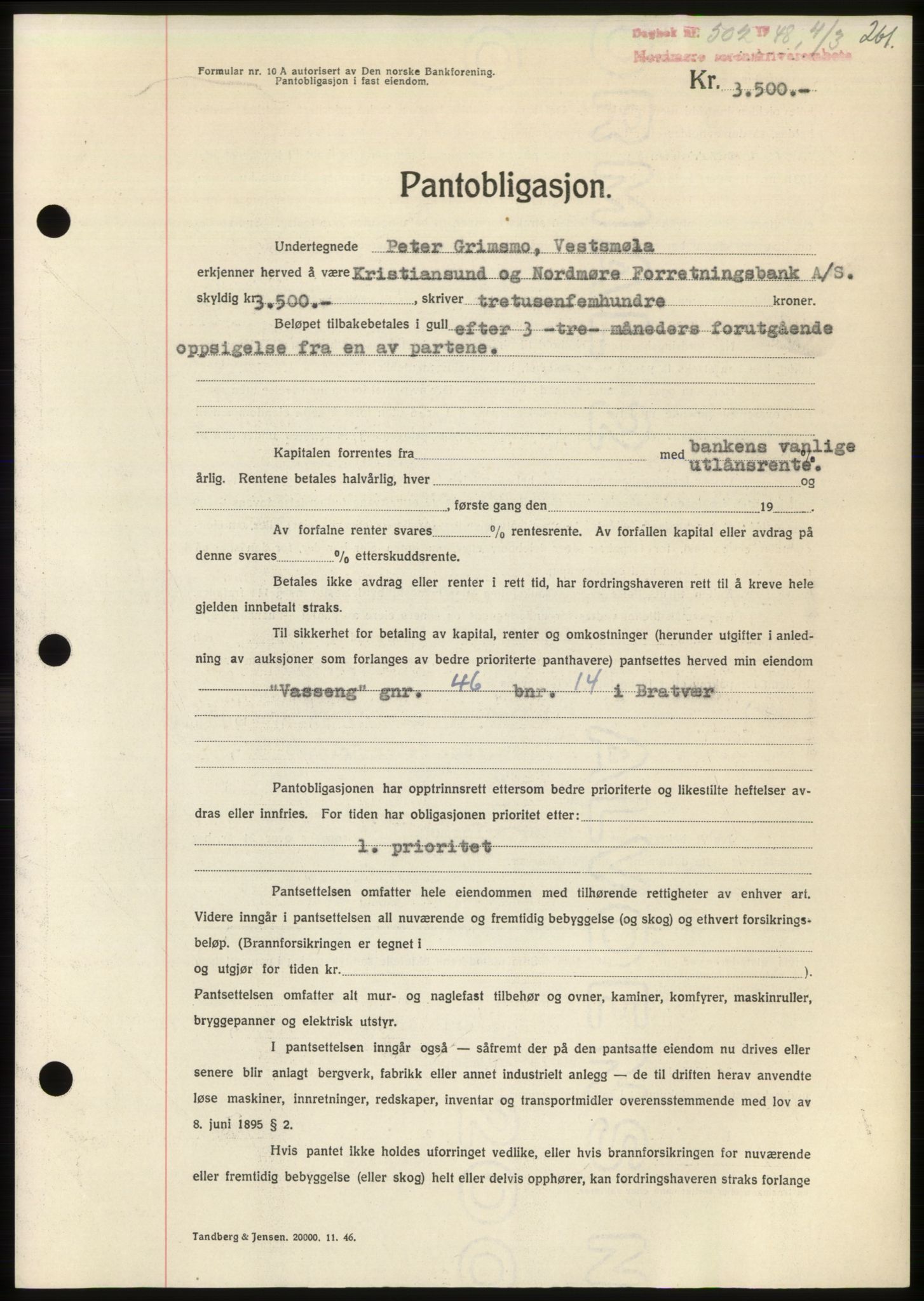 Nordmøre sorenskriveri, AV/SAT-A-4132/1/2/2Ca: Mortgage book no. B98, 1948-1948, Diary no: : 502/1948