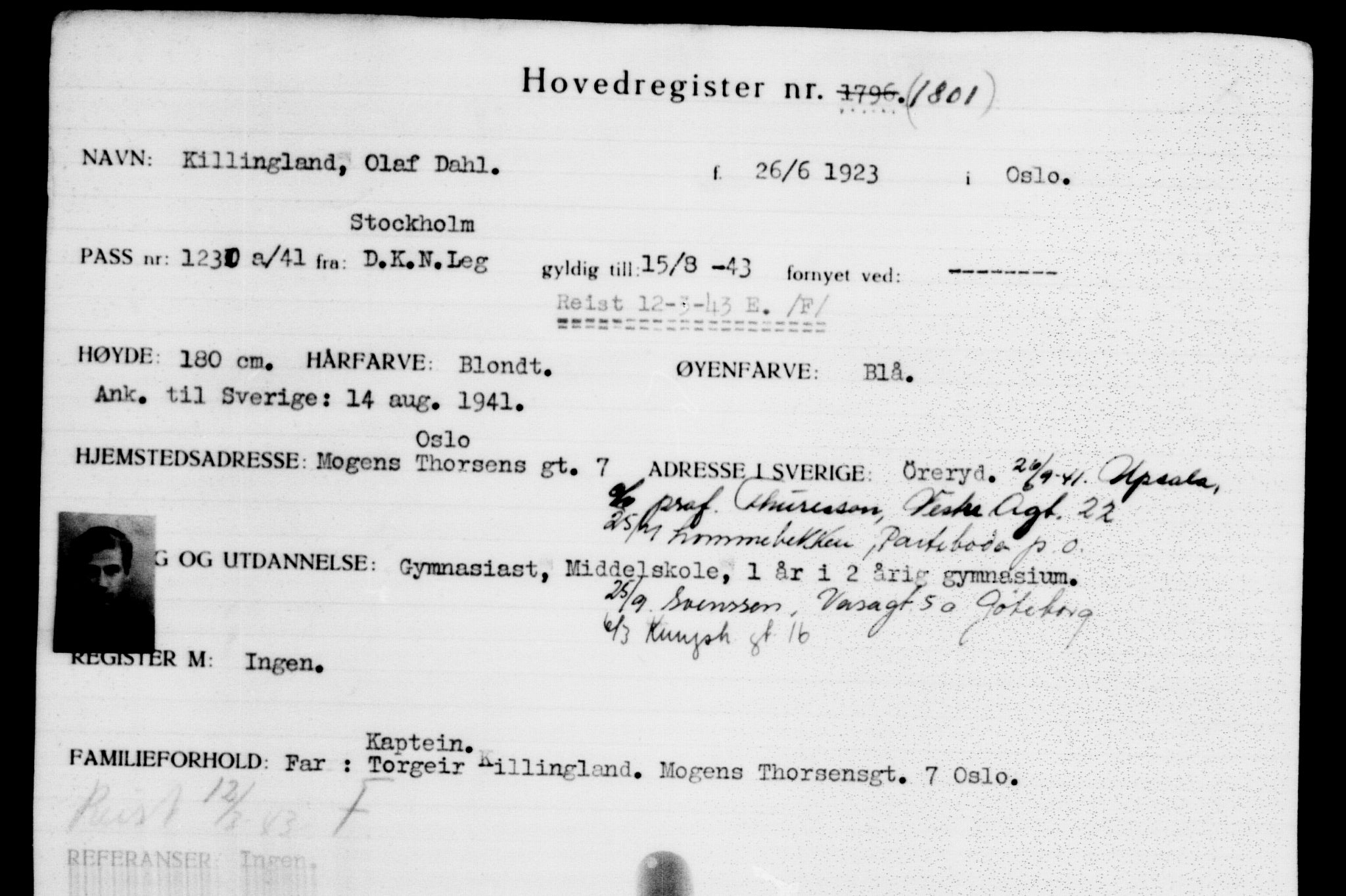 Den Kgl. Norske Legasjons Flyktningskontor, RA/S-6753/V/Va/L0002: Kjesäterkartoteket.  Flyktningenr. 1001-2000, 1940-1945, p. 1143