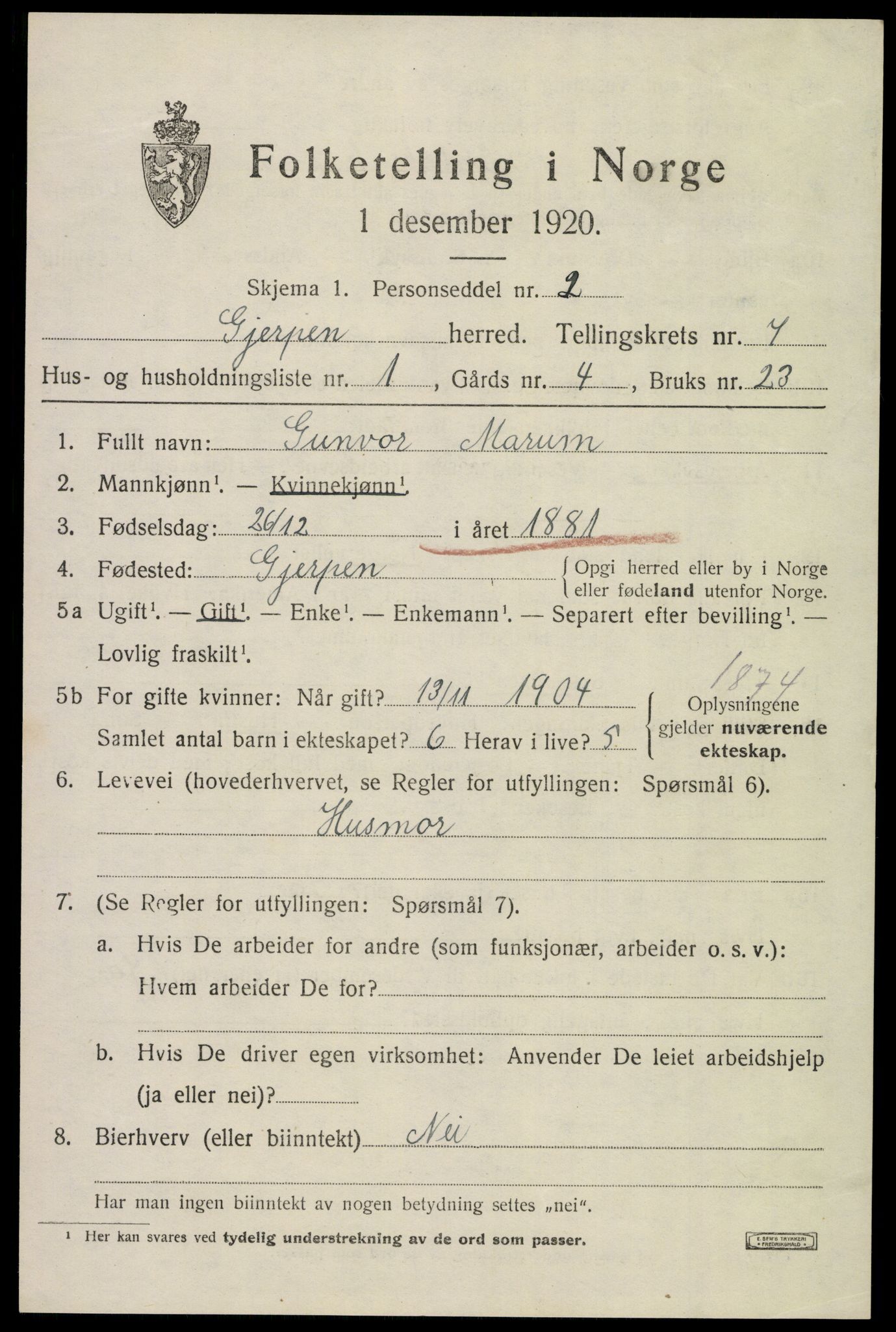 SAKO, 1920 census for Gjerpen, 1920, p. 7906