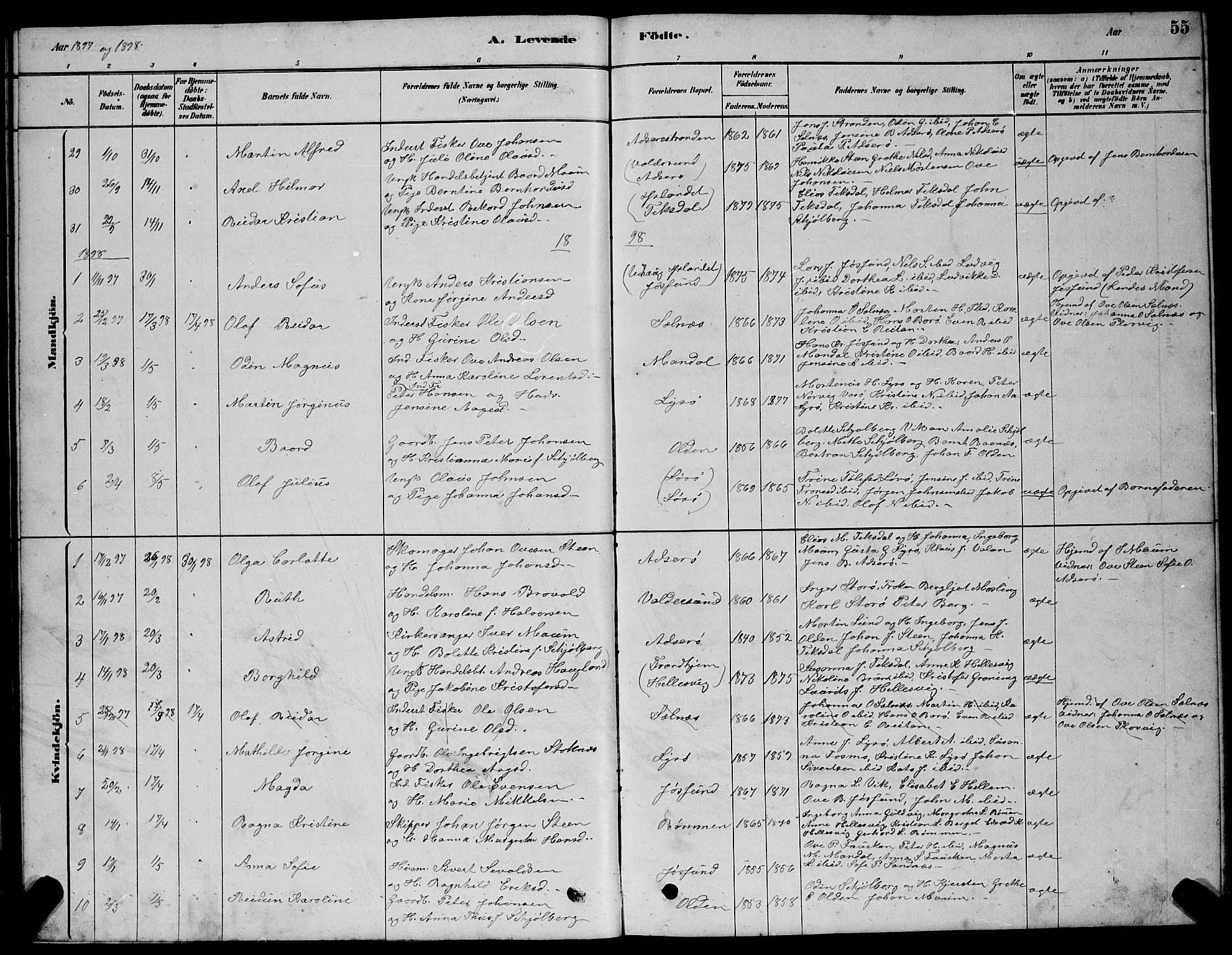 Ministerialprotokoller, klokkerbøker og fødselsregistre - Sør-Trøndelag, SAT/A-1456/654/L0665: Parish register (copy) no. 654C01, 1879-1901, p. 55