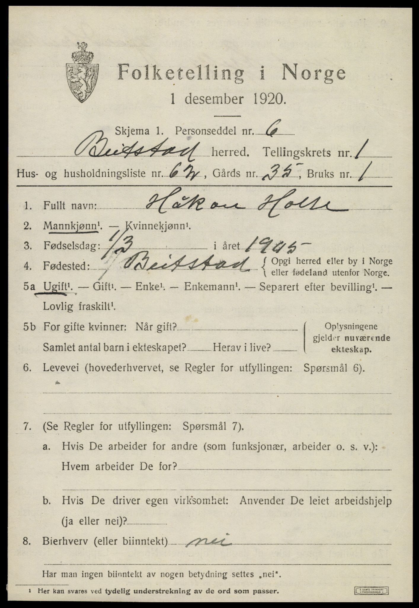 SAT, 1920 census for Beitstad, 1920, p. 1413