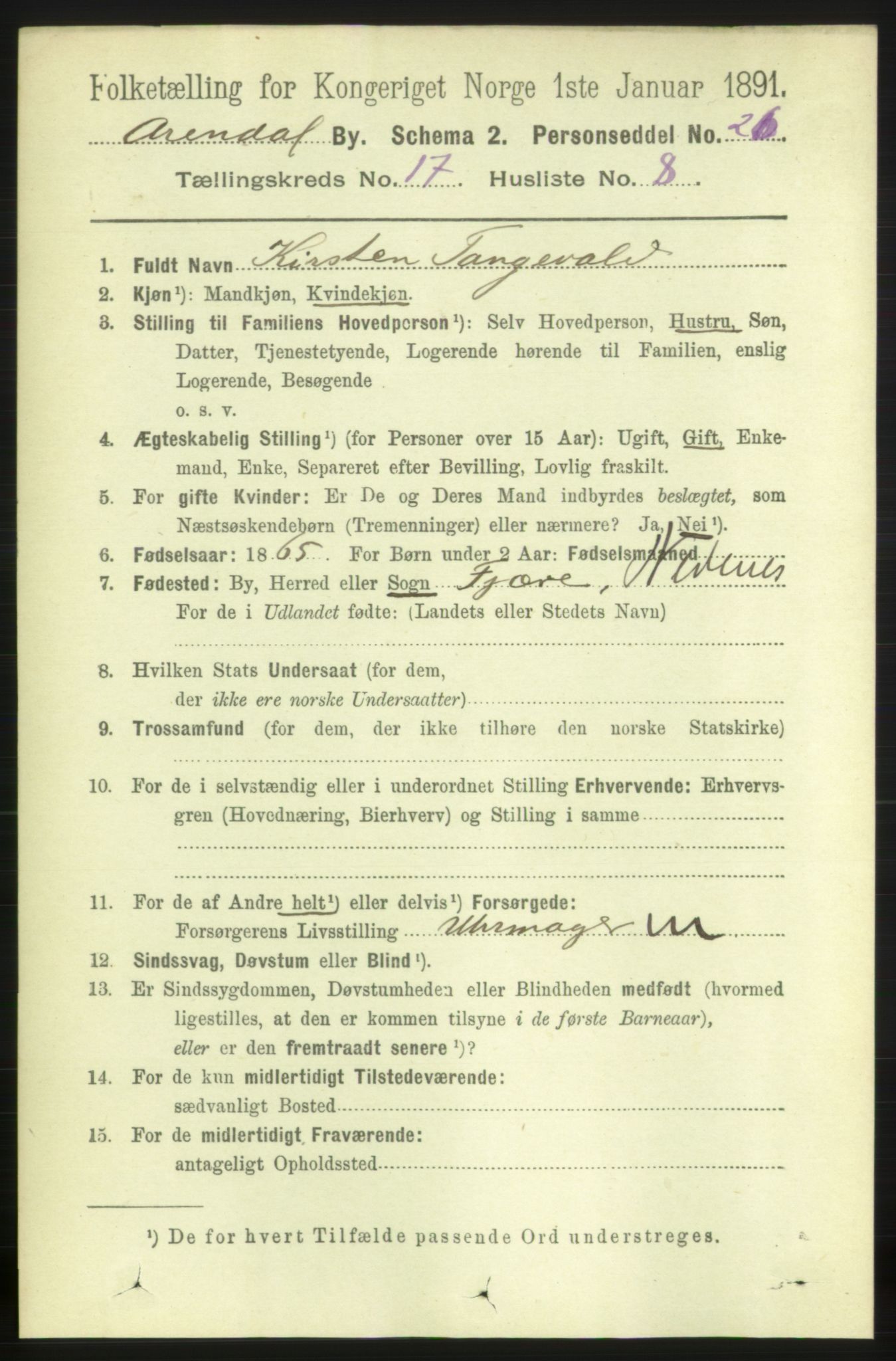 RA, 1891 census for 0903 Arendal, 1891, p. 5714