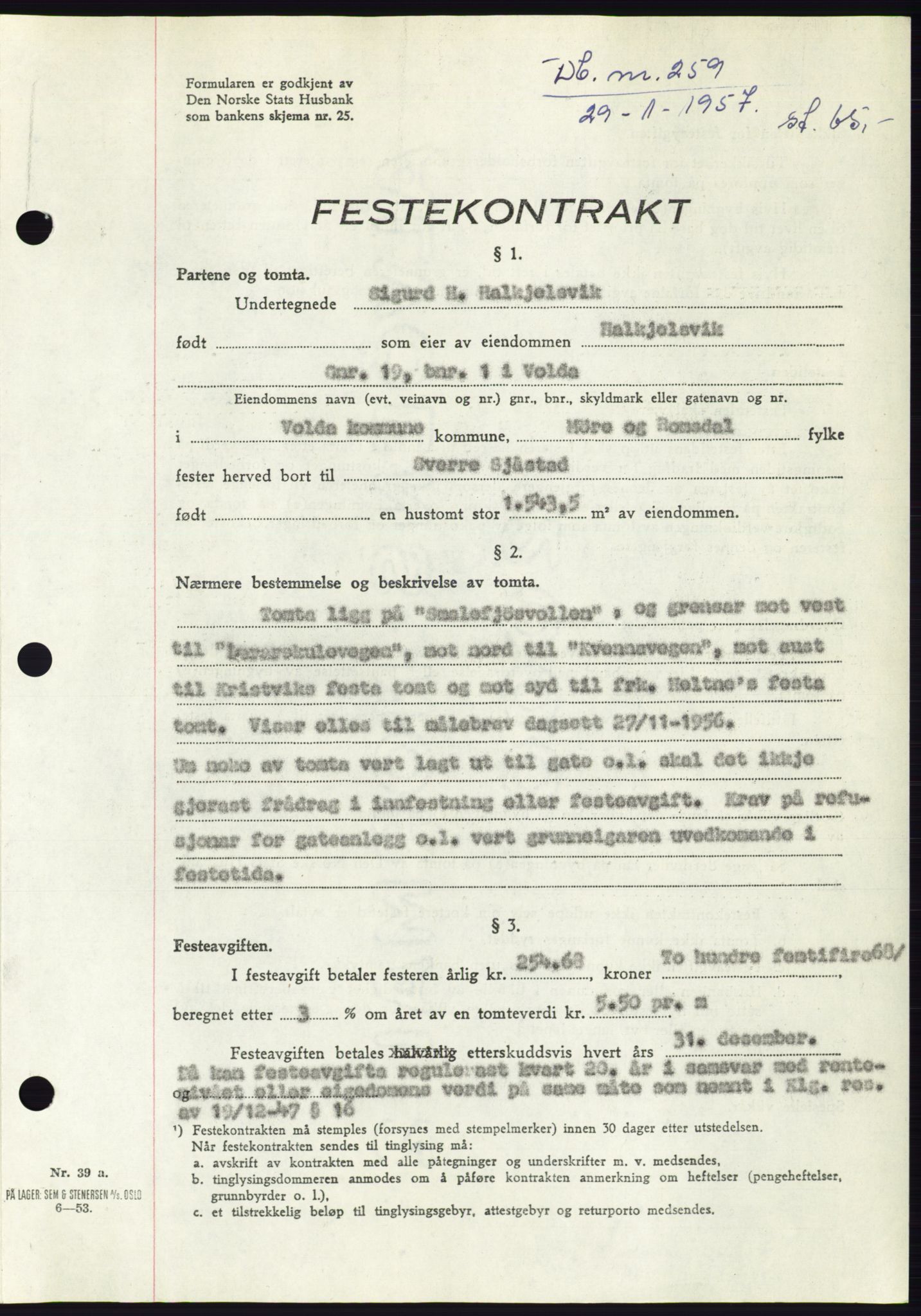 Søre Sunnmøre sorenskriveri, AV/SAT-A-4122/1/2/2C/L0105: Mortgage book no. 31A, 1956-1957, Diary no: : 259/1957