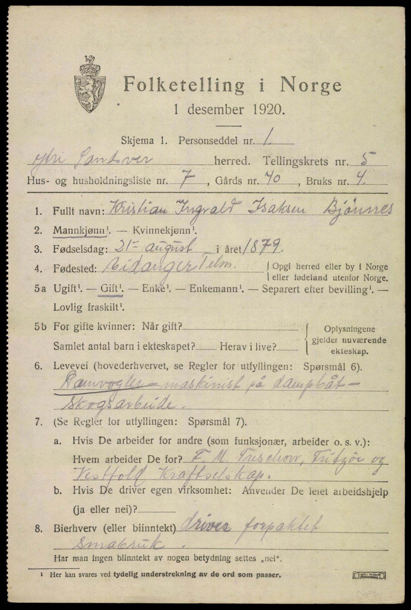 SAKO, 1920 census for Ytre Sandsvær, 1920, p. 4598